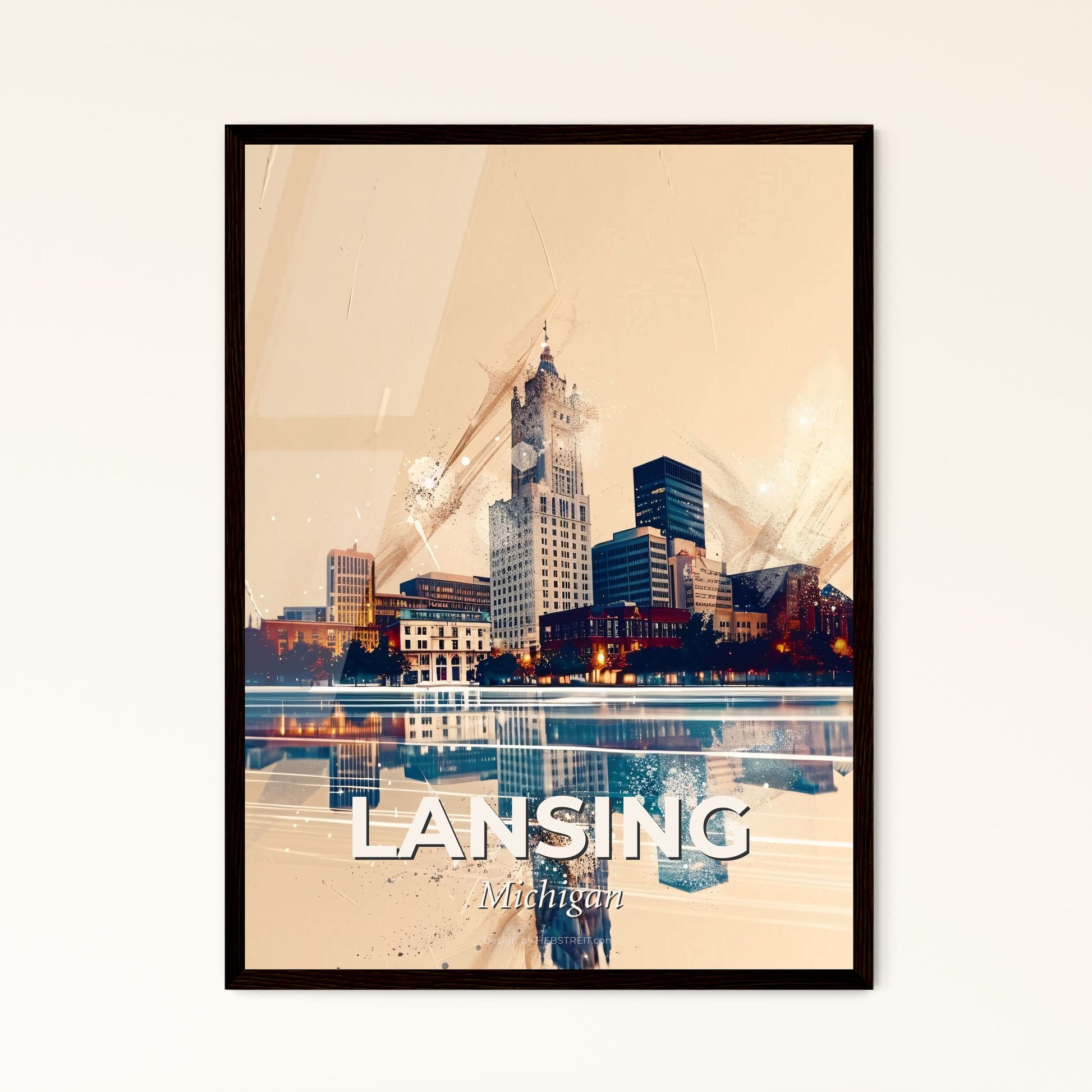 Lansing Cityscape: Architectural Icons in Vibrant Hues - A city skyline with a reflection of water