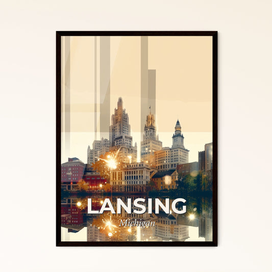 Lansing City Skyline Double Exposure Composite Art - A city with many tall buildings and trees