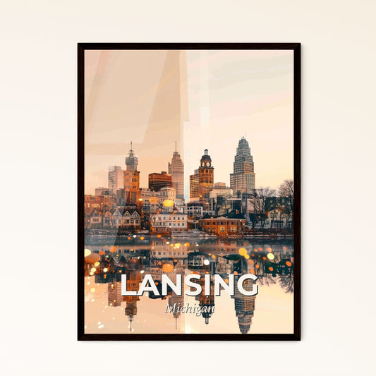 Lansing Cityscape: Bright Sparks and Local Icons Poster - A city skyline with a body of water