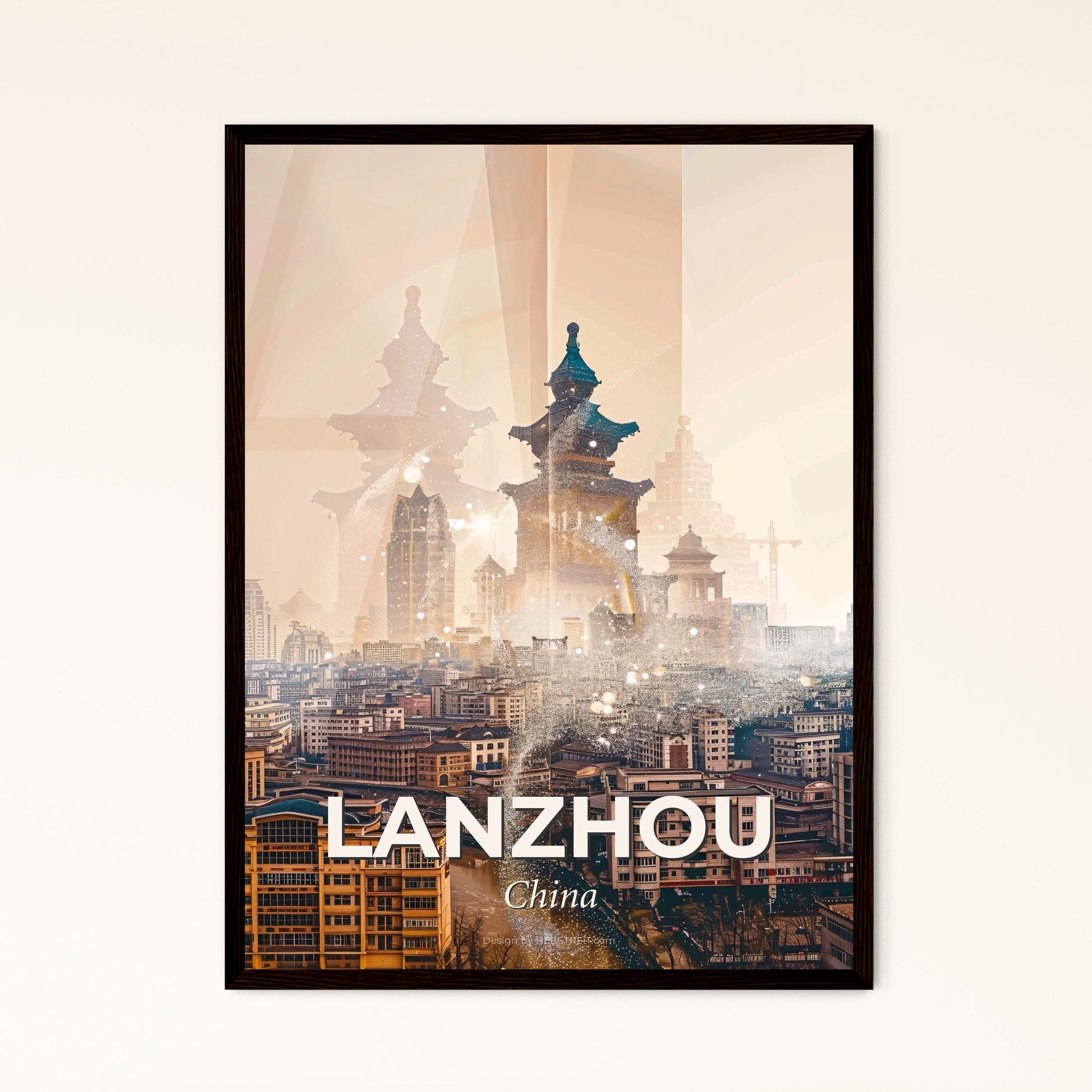 Lanzhou Composite Art Skyline Poster - A city with buildings and a fountain