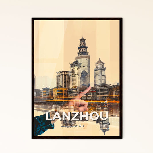 Lanzhou Cityscape Icons Double Exposure Beige Art - A person's finger pointing at a city