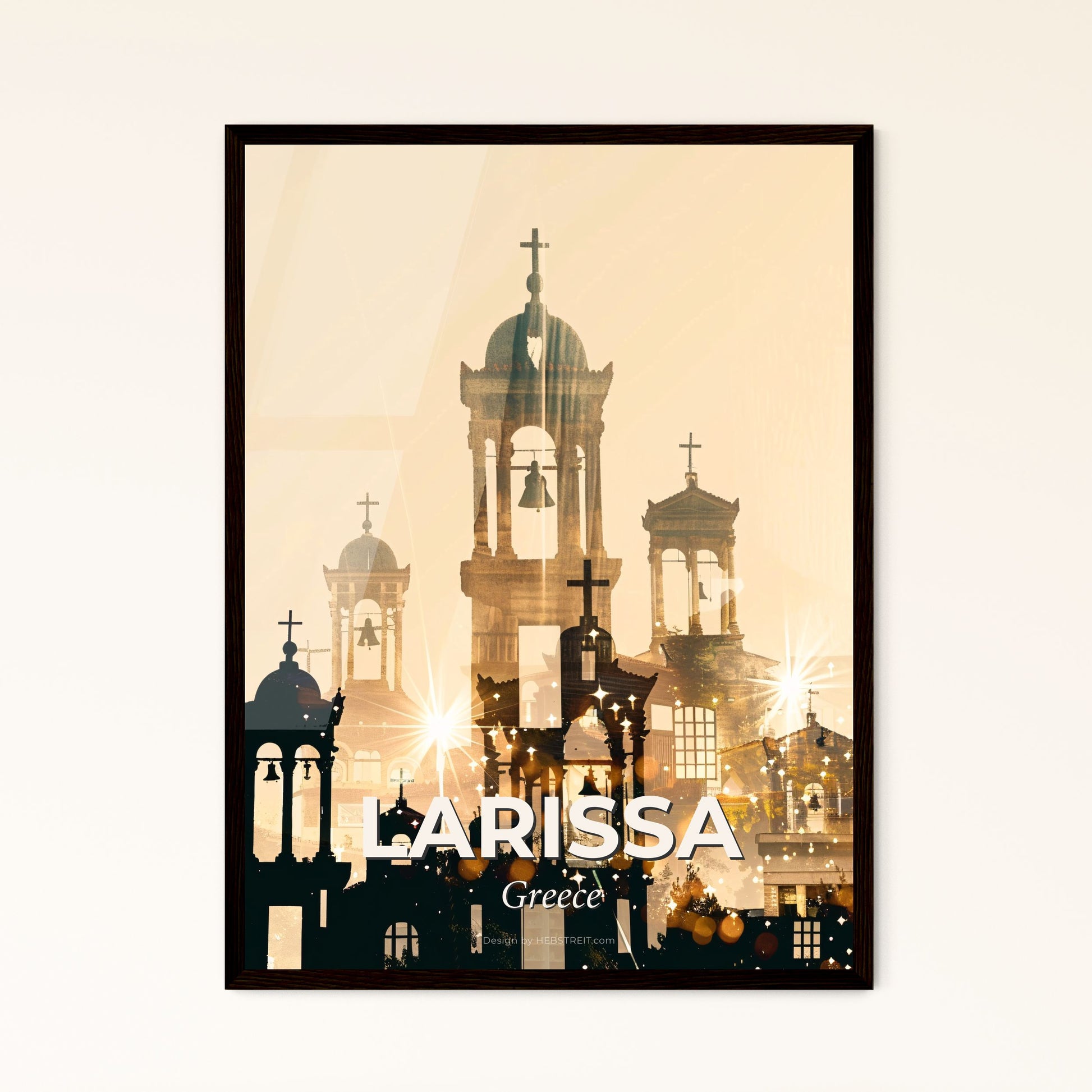 Larissa City Skyline Double Exposure Composite Art - A silhouette of a building with bells and crosses