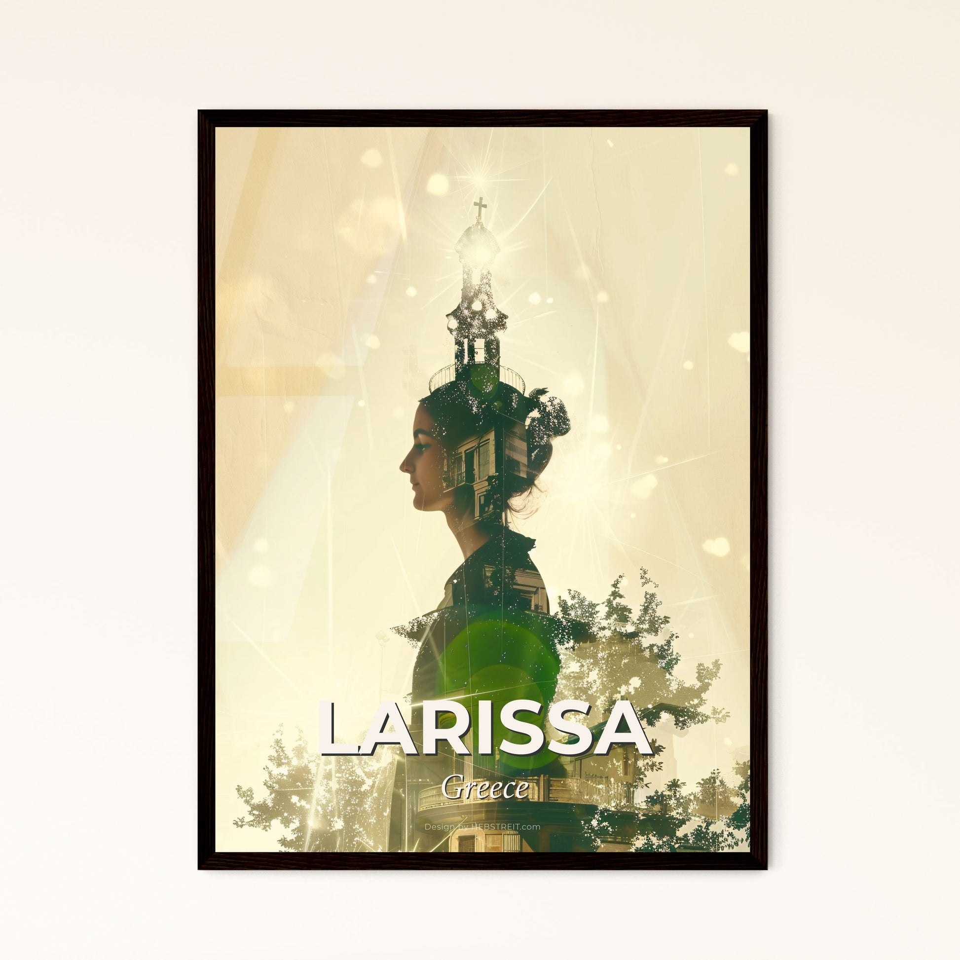 Larissa Greece Skyline Art Deco Bright Paper Background - A woman with a tower and a cross