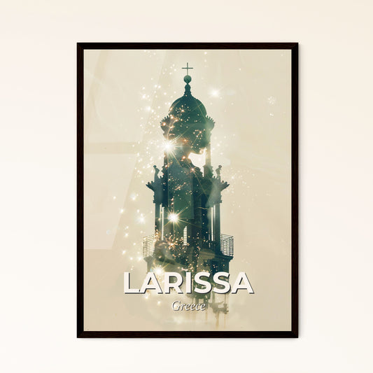 Larissa City Silhouette Skyline Poster Art - A silhouette of a building with a tower and stars