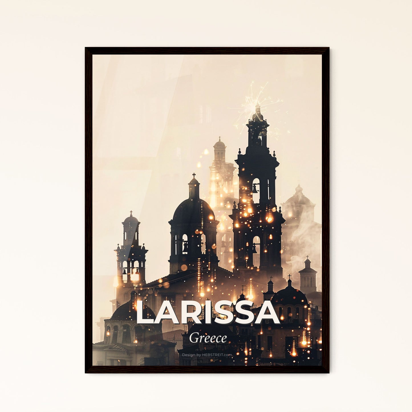 Larissa Greece Cityscape Skyline Double Exposure Poster - A building with a bell tower and fireworks