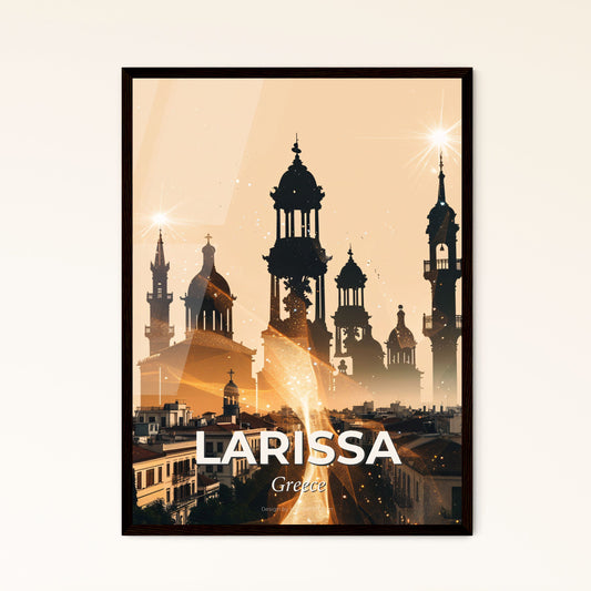 Larissa Skyline Double Exposure Composite Art Poster - A silhouette of a building with towers and a fire