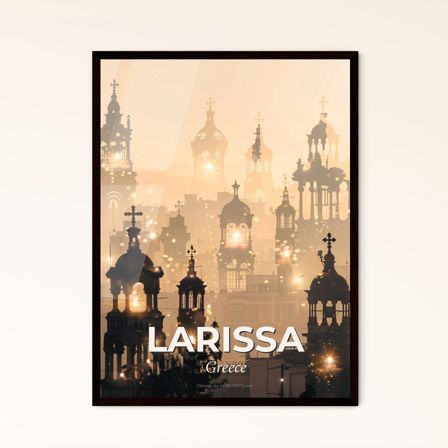 Larissa Skyline Cityscape in Double Exposure Composite - A city with many towers and crosses