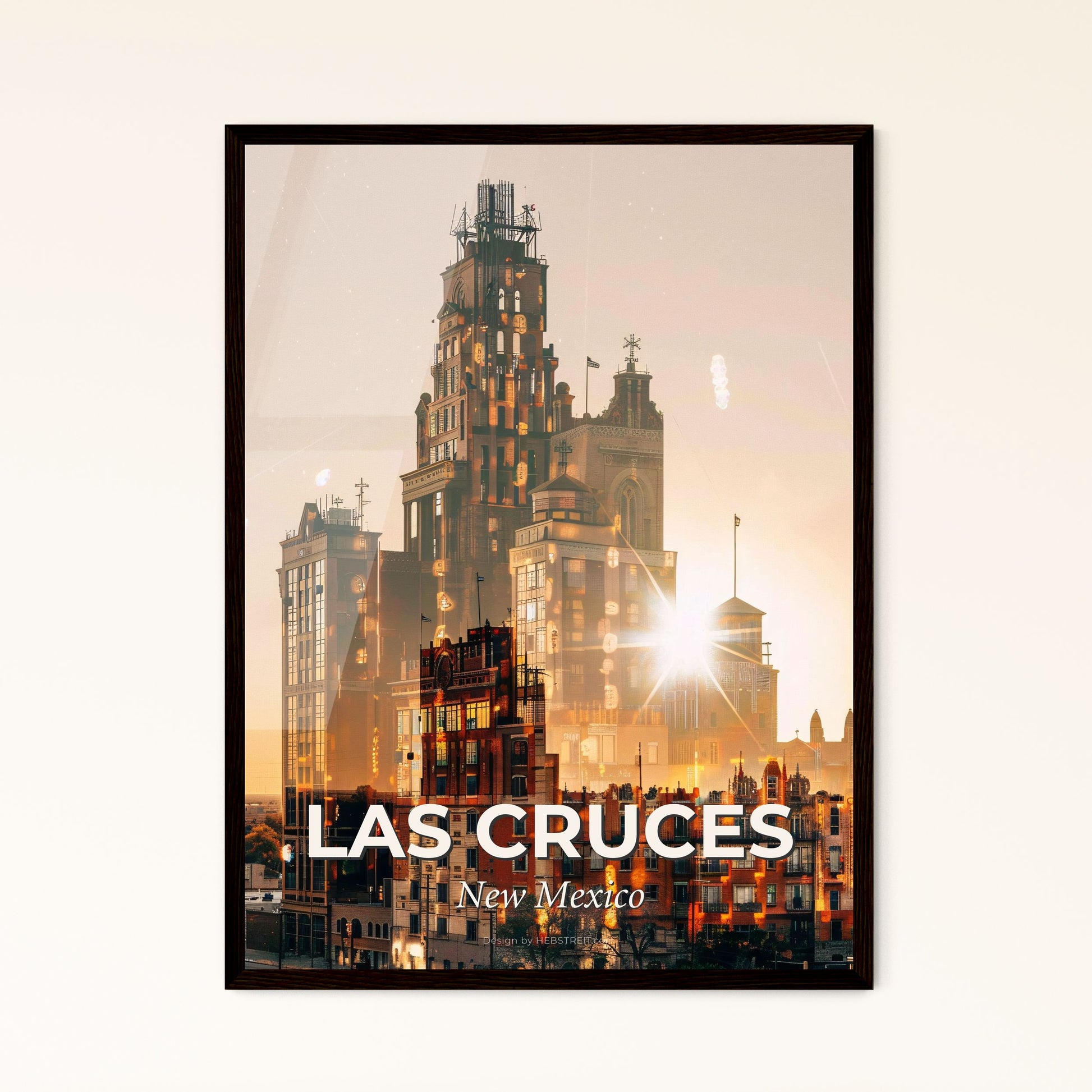 Las Cruces City Silhouette Artwork with Daytime Moon - A city skyline with a large building