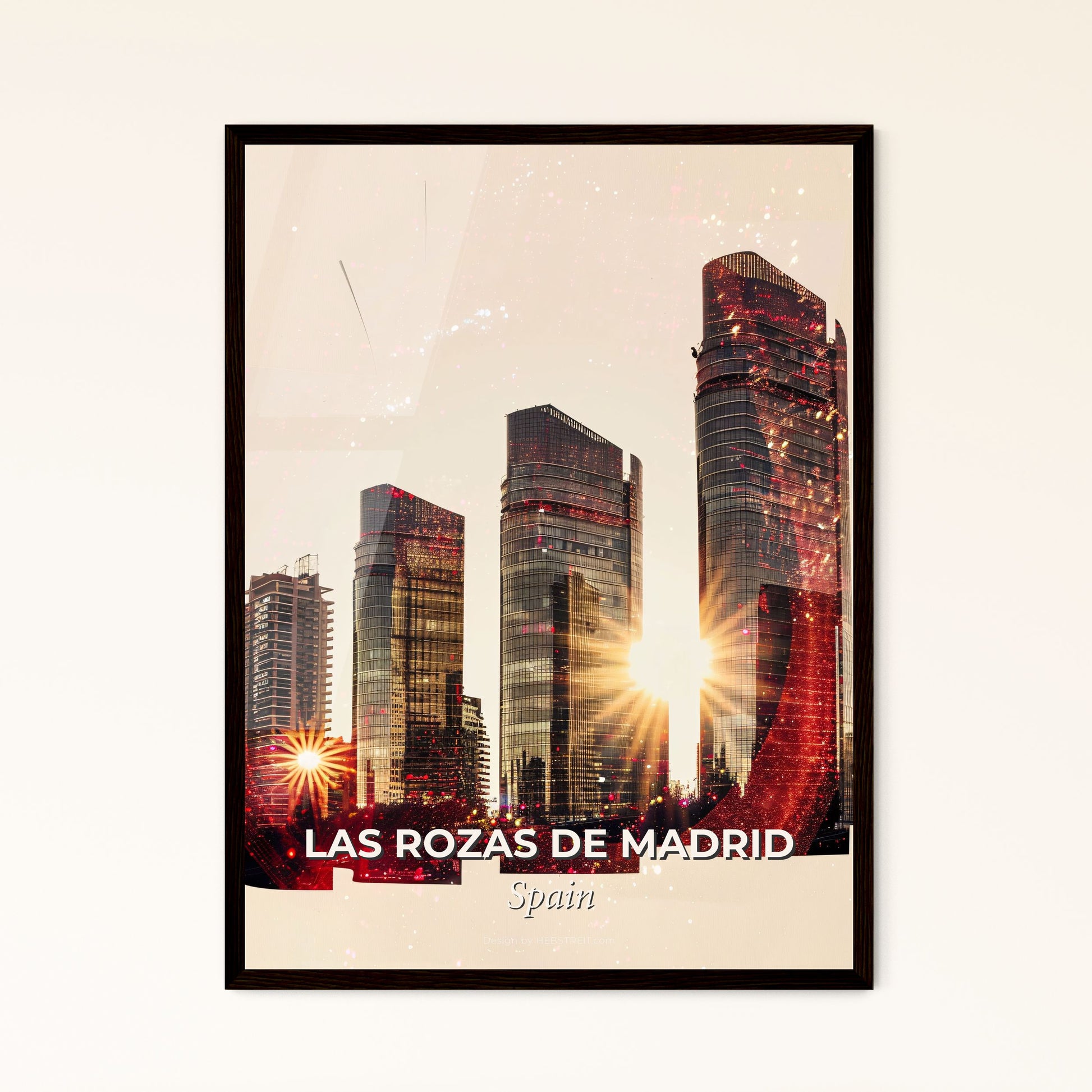 Las Rozas de Madrid: Double Exposure City Skyline Art - A group of tall buildings with the sun shining through them