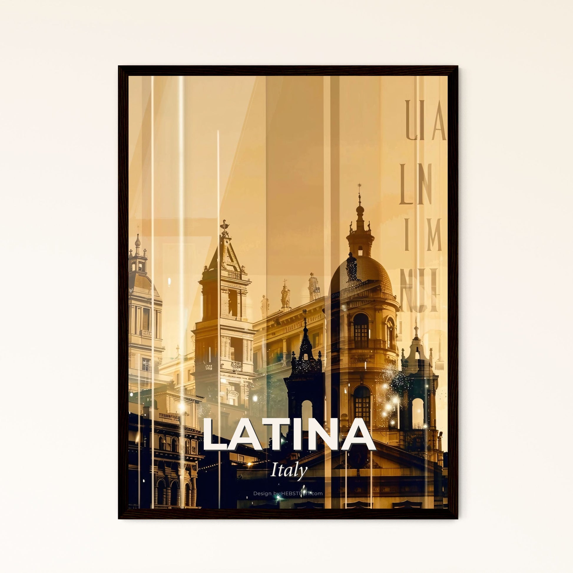 Latina City Skyline Poster Art, Delicate Paper with Glints - A building with towers and spires