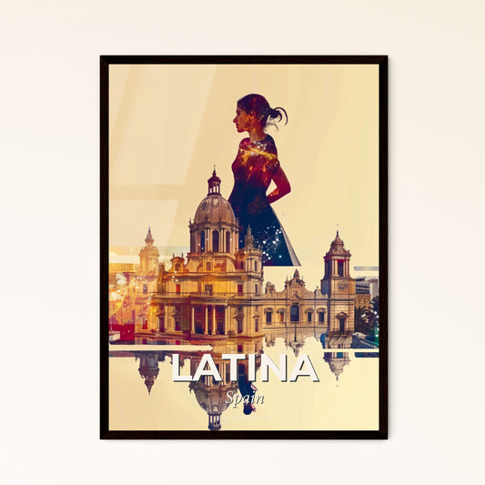 Latina Cityscape Art Poster: Local Vibes, Bright Beige - A woman in a dress and a building