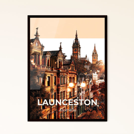 Launceston Skyline Composite Art Cityscape Poster - A sun shining through trees on a city street