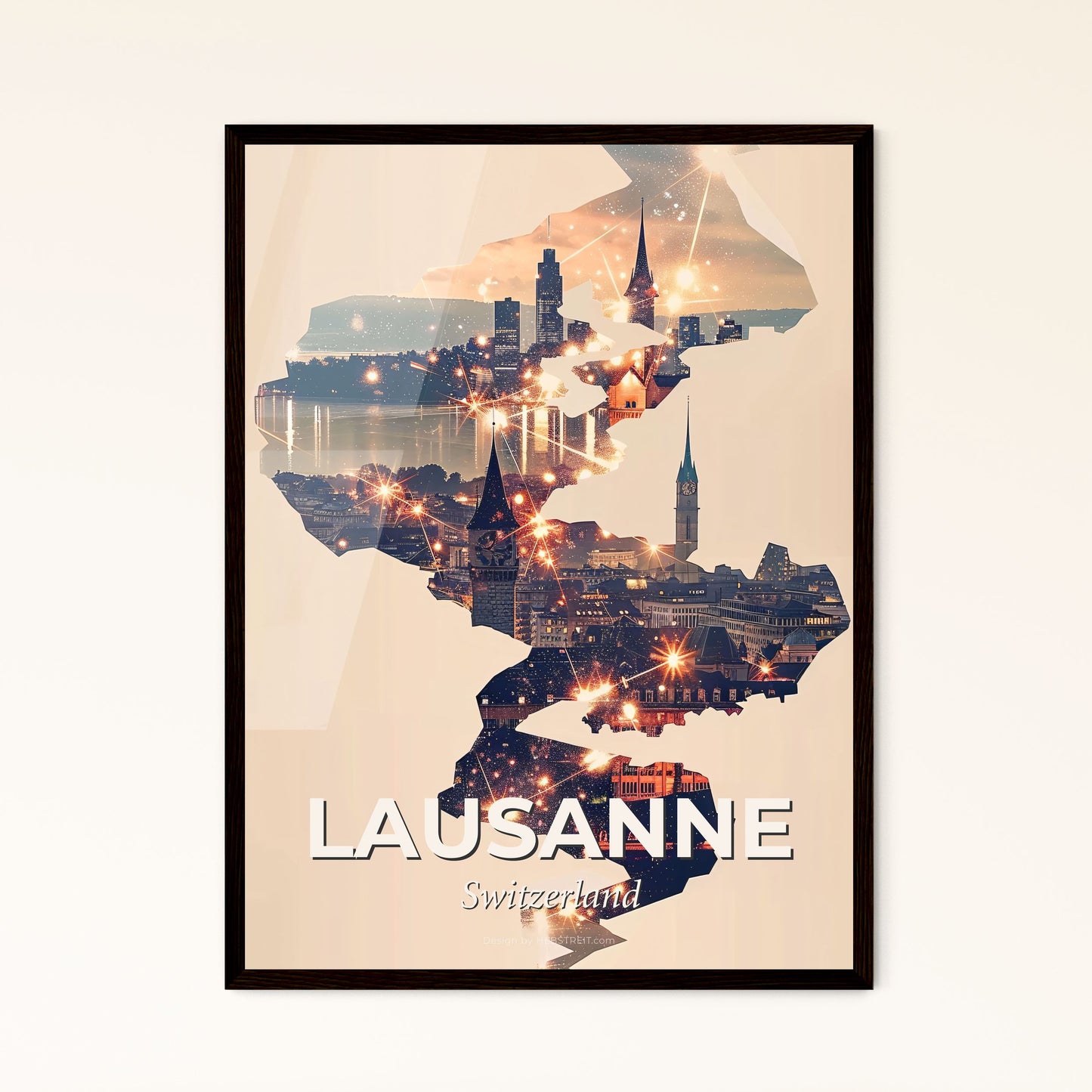 Lausanne Skyline Cityscape Poster Art - A map of a city with lights