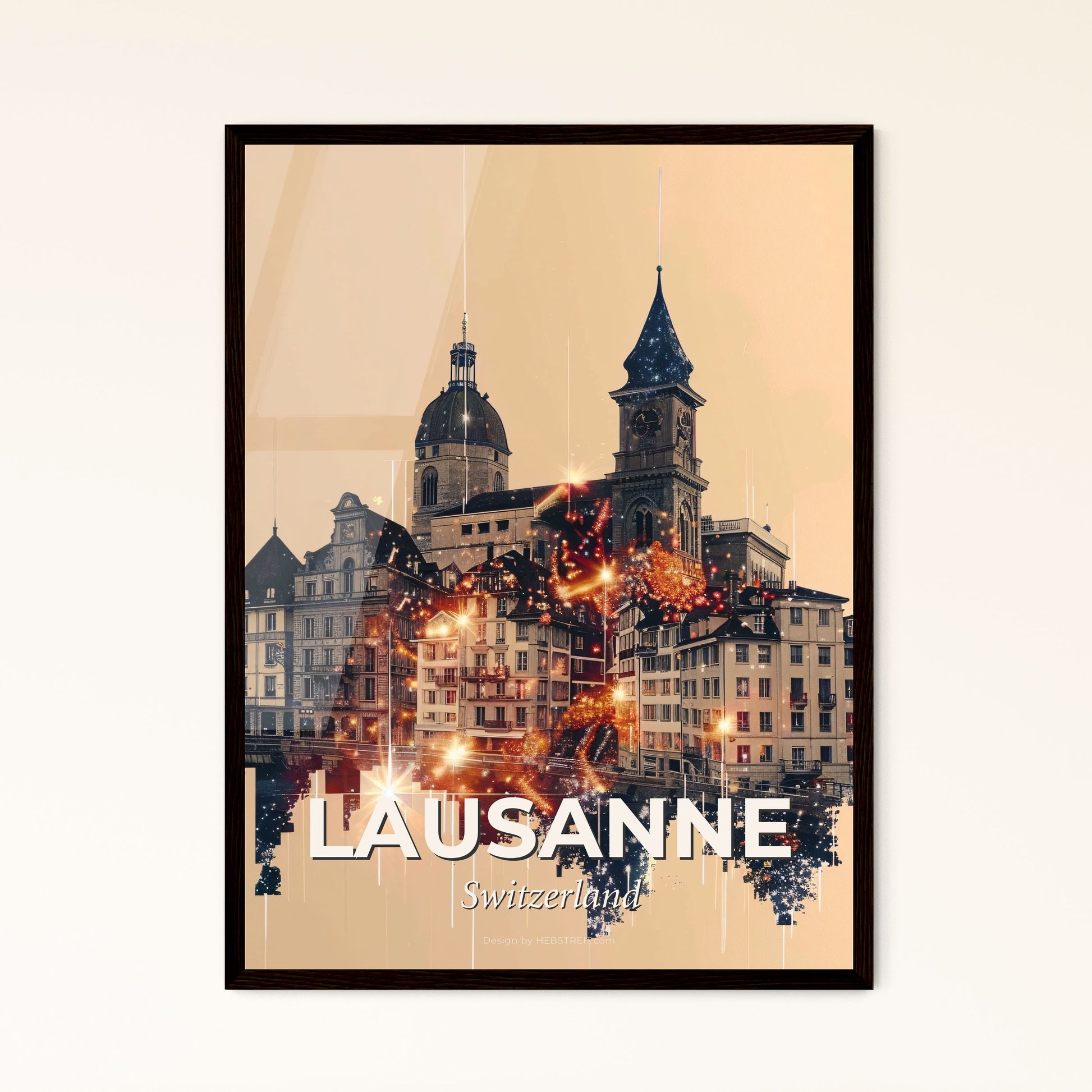 Lausanne Skyline Sparkles Bright Beige Art Print - A building with towers and a clock tower