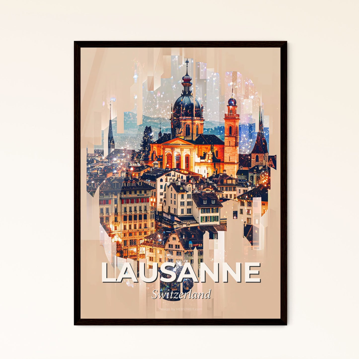 Lausanne Cityscape Skyline Composite Artwork Poster - A city with buildings and a dome