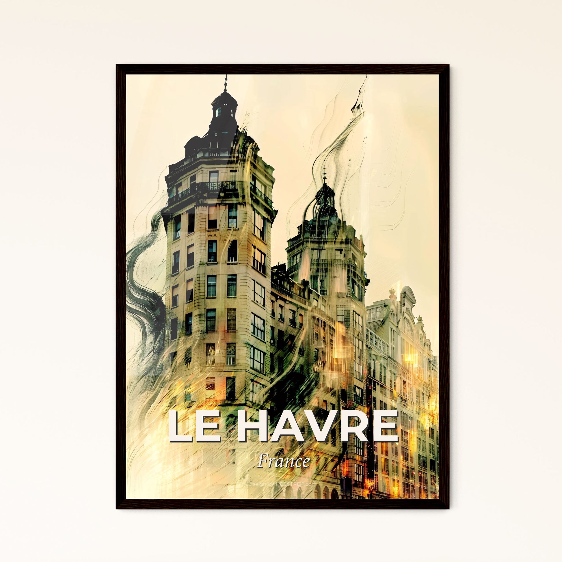 Le Havre Skyline Double Exposure Poster - A group of buildings with a blurry image