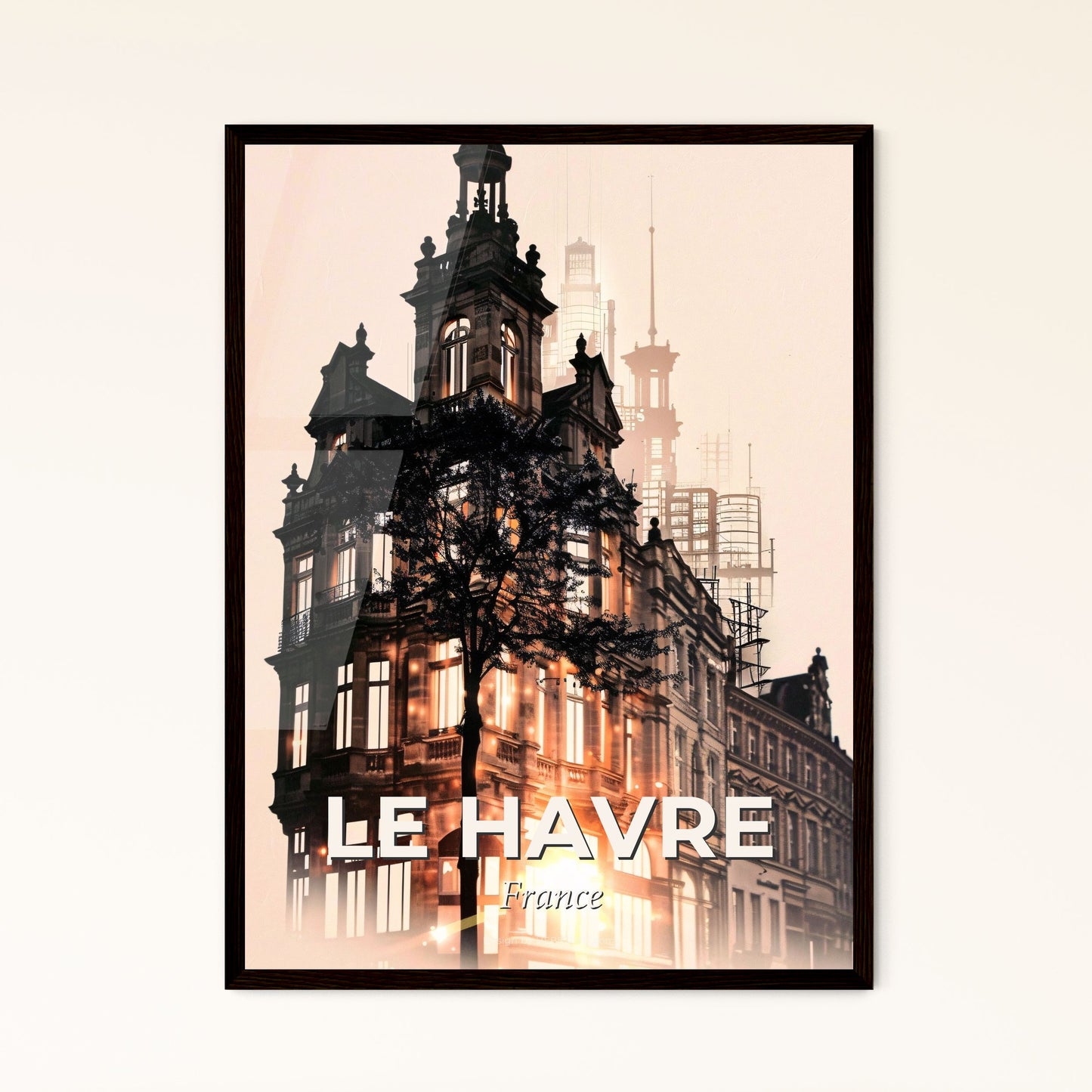 Le Havre Cityscape Double Exposure Skyline Poster - A building with a tree in front of it