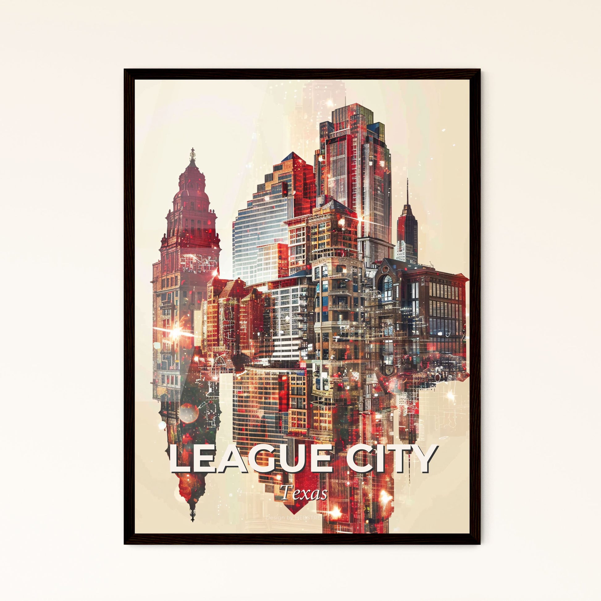 League City Texas Double Exposure Poster Art Skyline Icons - A city skyline with many buildings