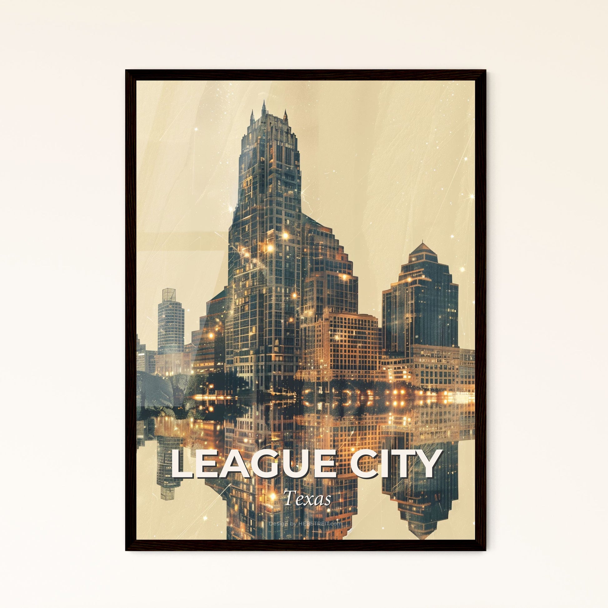 League City Skyline Composite Artwork - A city skyline with lights reflecting in water