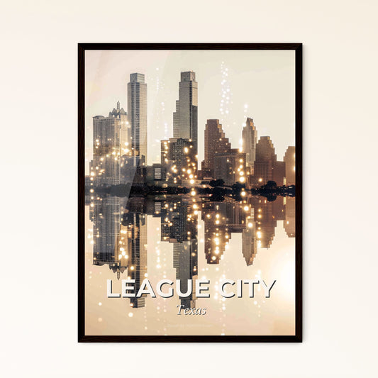 League City Skyline Double Exposure Poster Art - A city skyline reflected in water