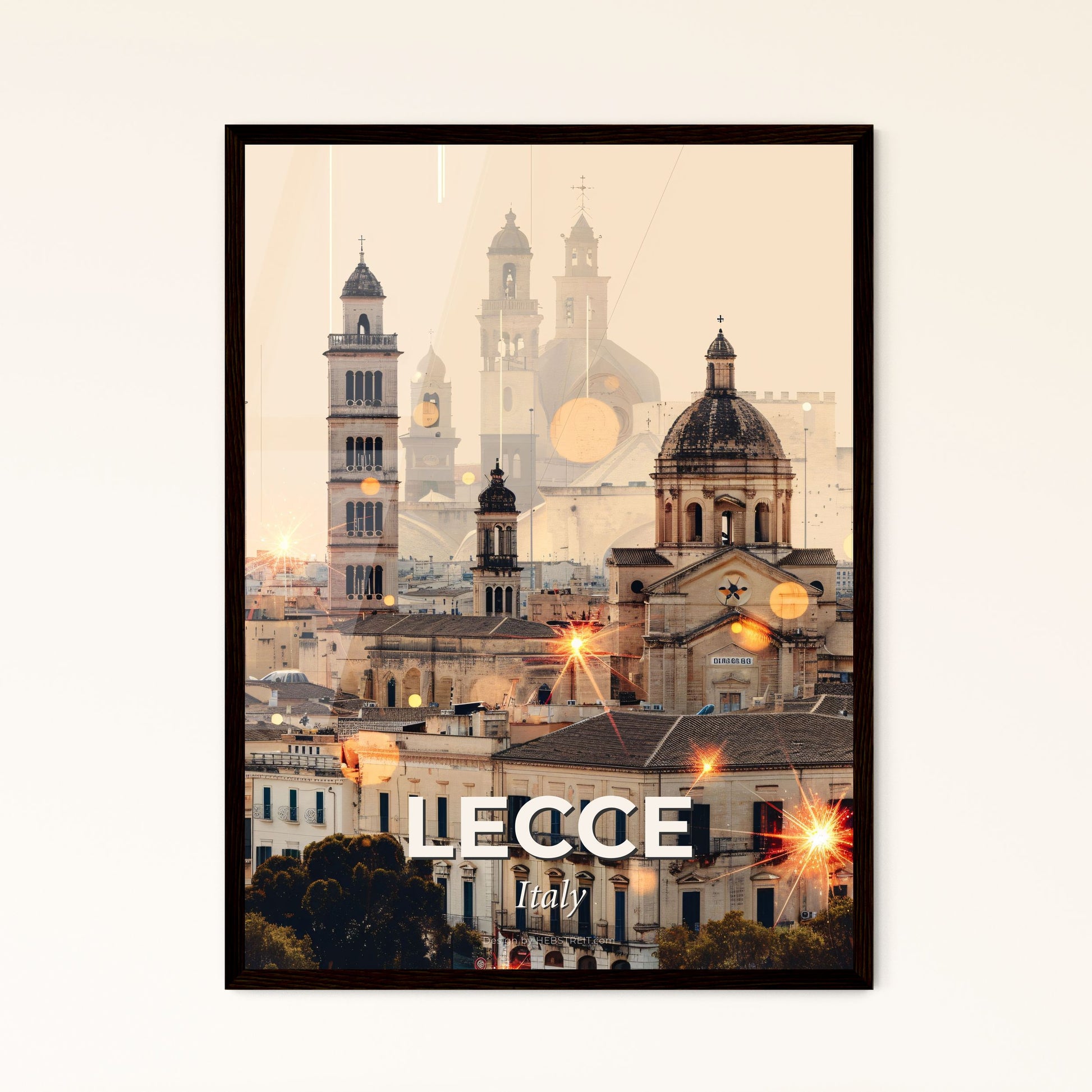 Lecce Italy Cityscape Art Deco Poster with Sparkles - A city with a large building