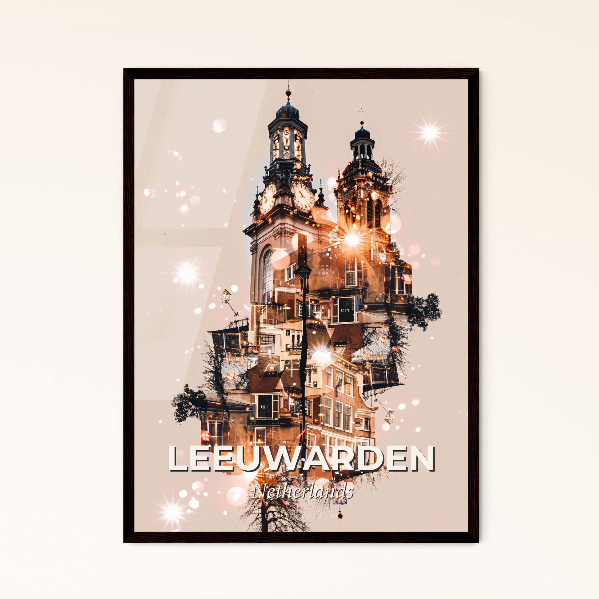 Leeuwarden Skyline Double Exposure Poster Art - A building with a clock tower