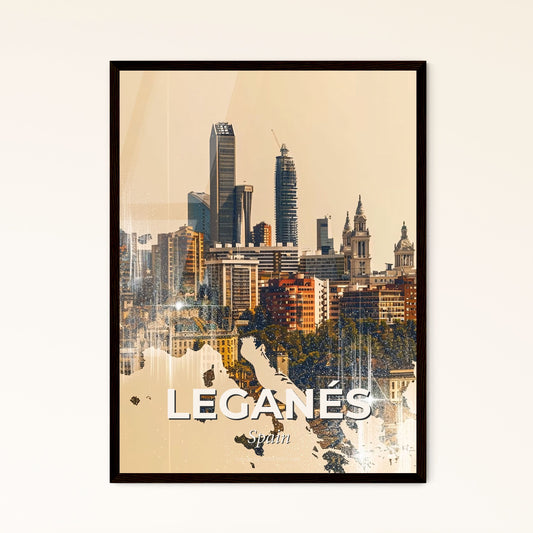 LeganÃ©s Skyline Double Exposure Art Poster - A cityscape with a map