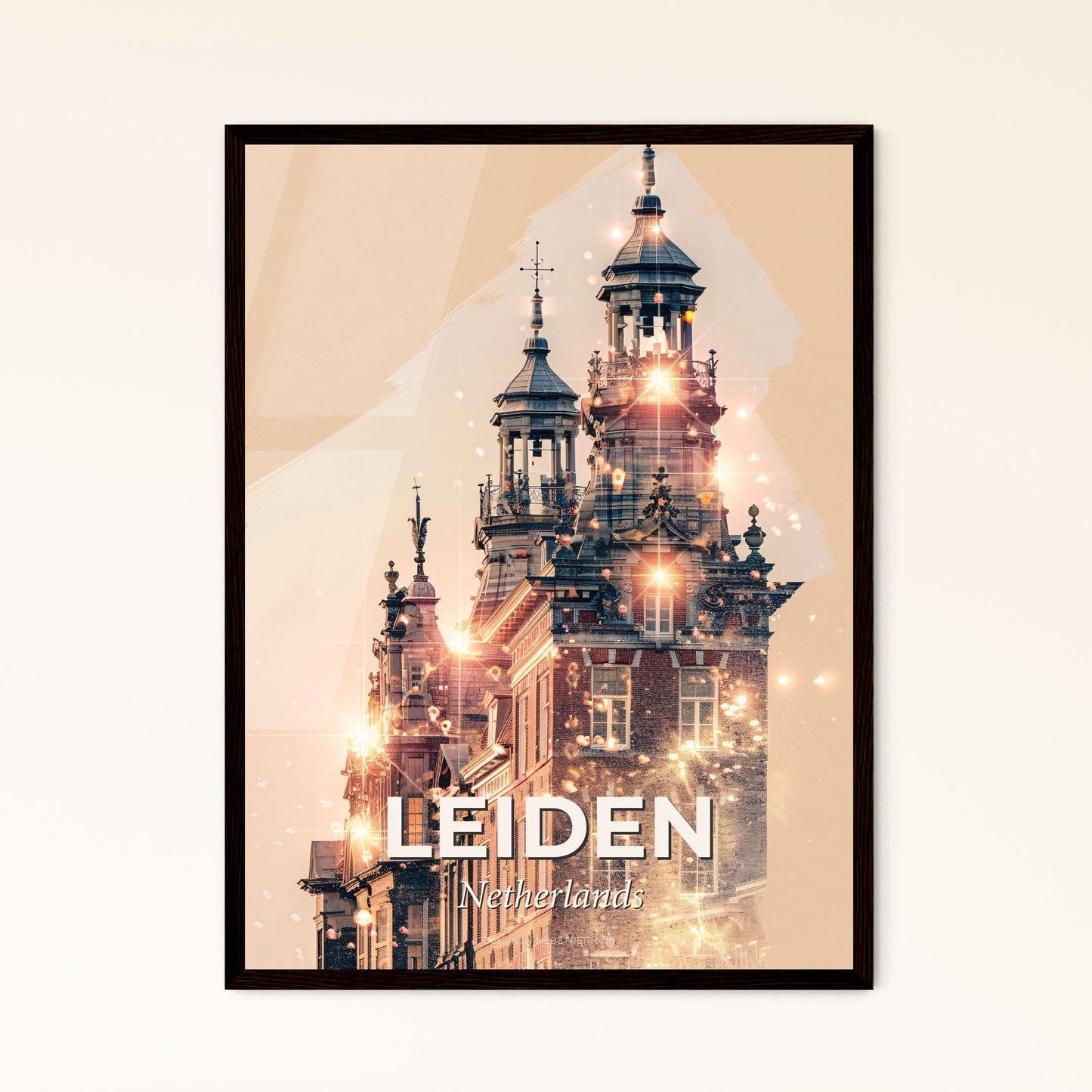 Leiden Skyline Double Exposure Art Poster - A building with many spires and lights