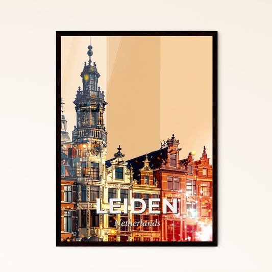 Leiden City Skyline Double Exposure Poster Art - A row of buildings with a tower