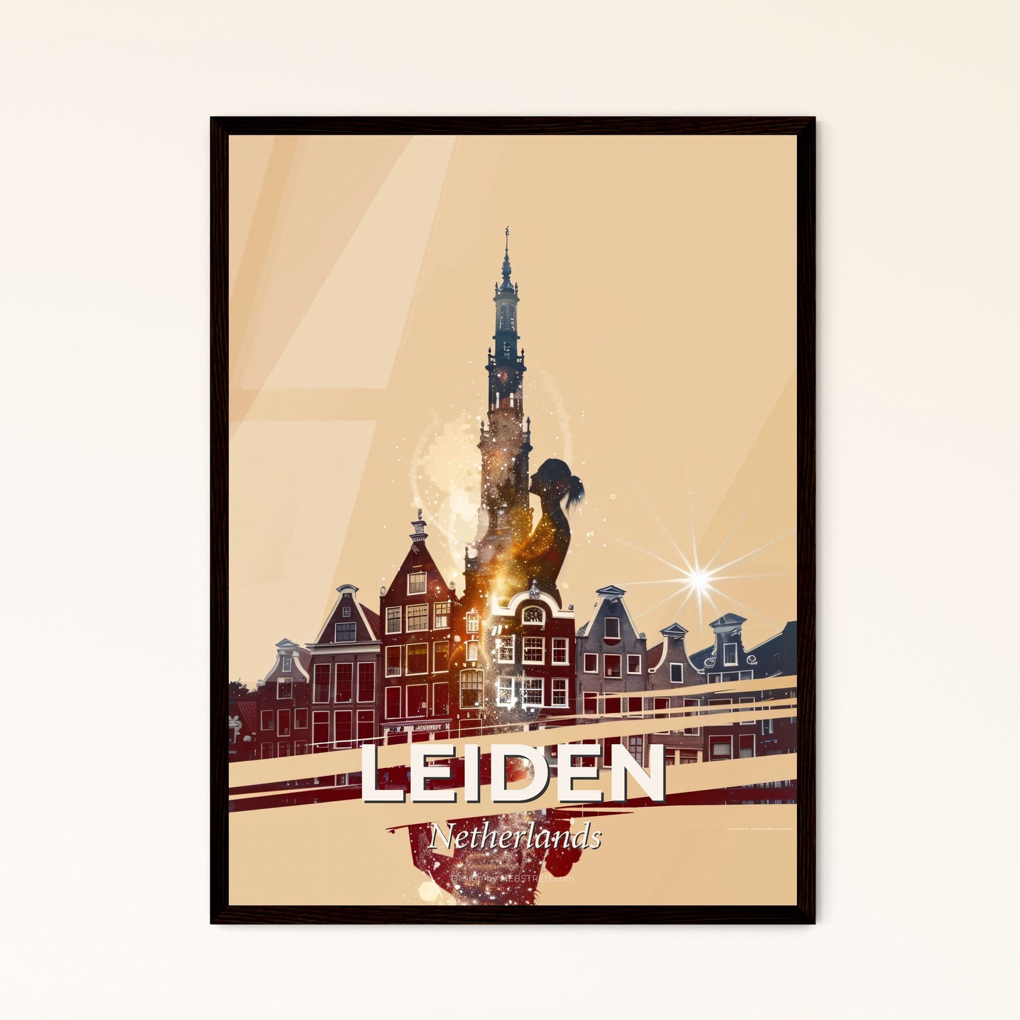 Leiden Skyline Poster - City Lights and Architecture - A woman standing on a building