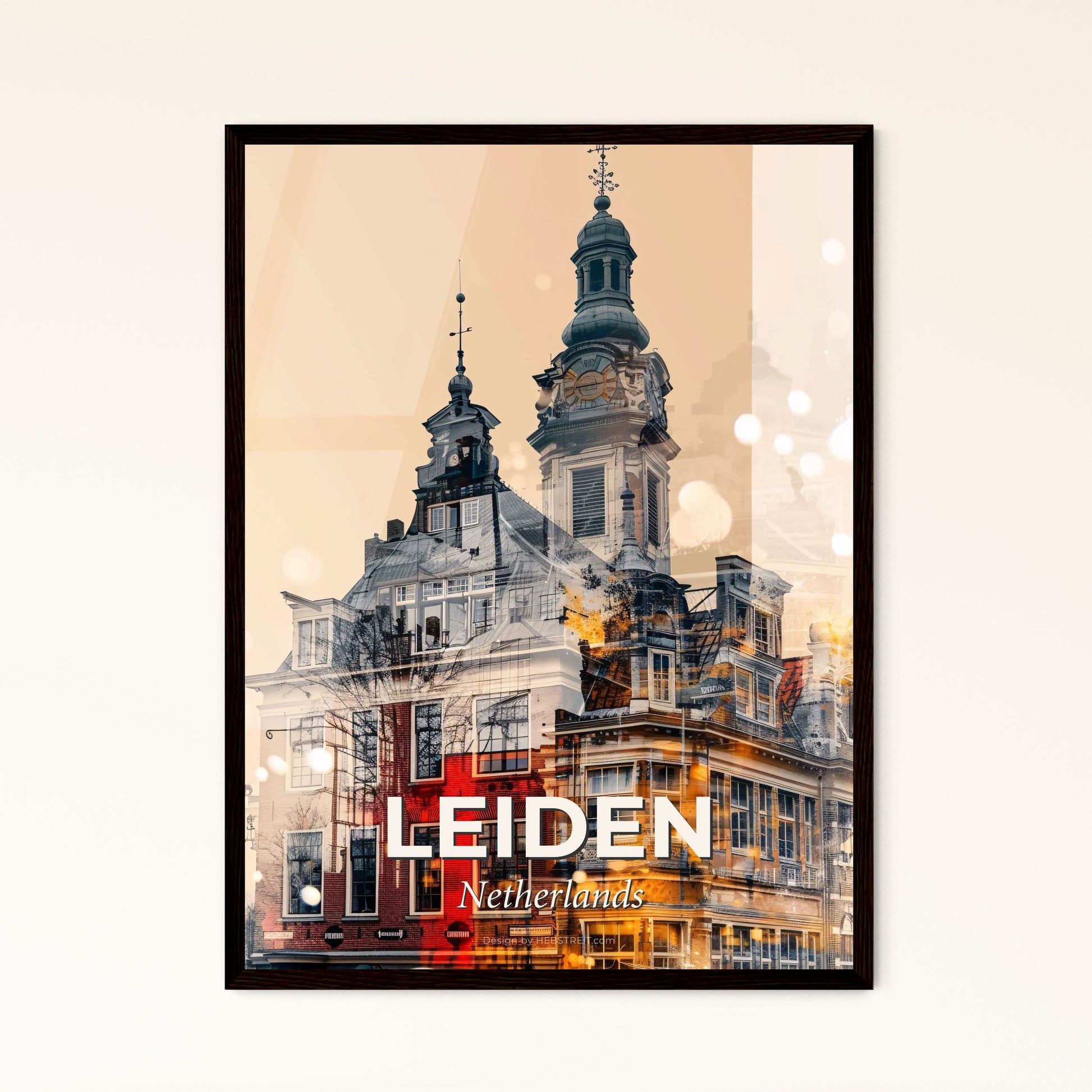 Leiden Skyline Double Exposure Art Poster - A building with a clock tower