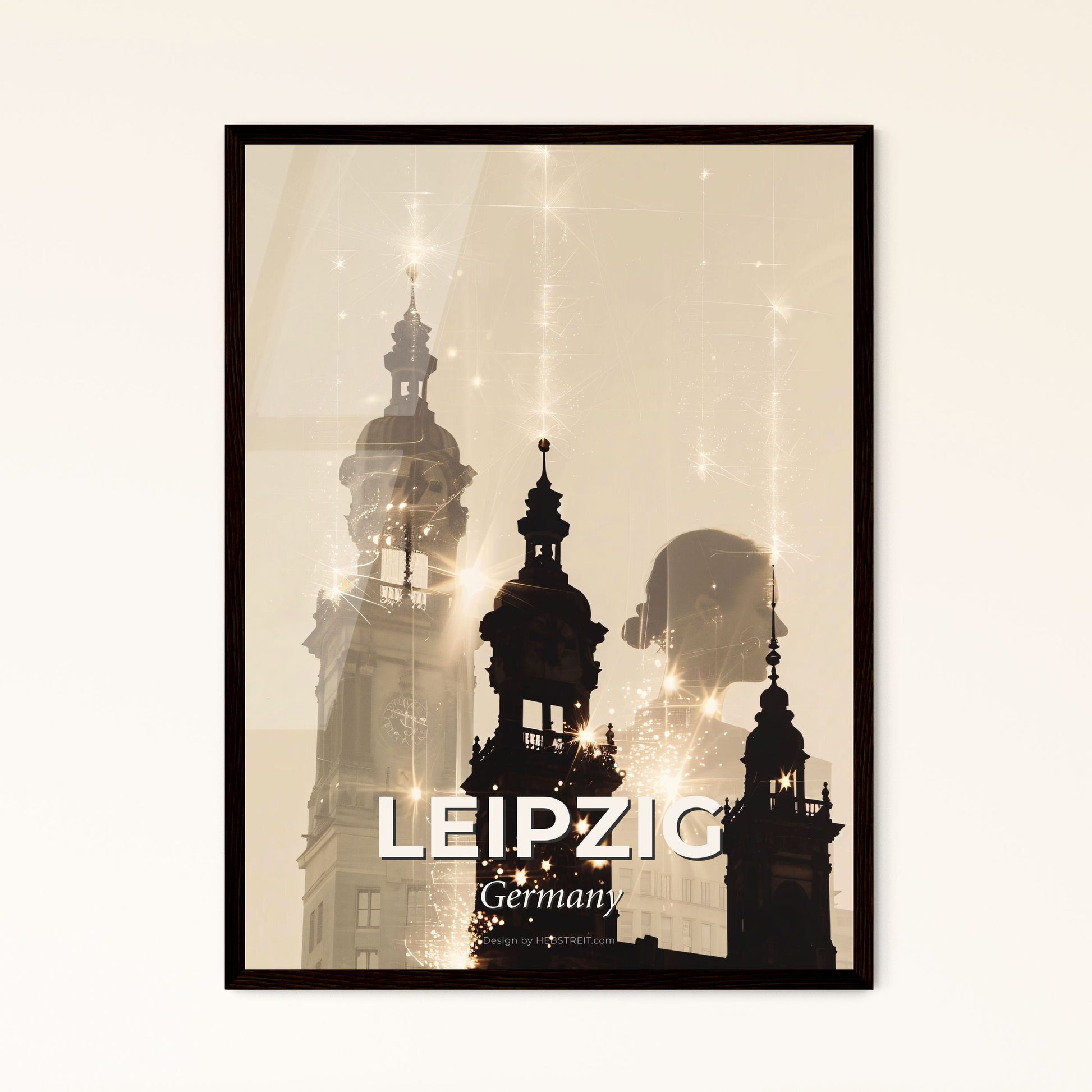 Leipzig: Unique City Skyline Double Exposure Poster - A silhouette of a man in a helmet with a clock tower and fireworks