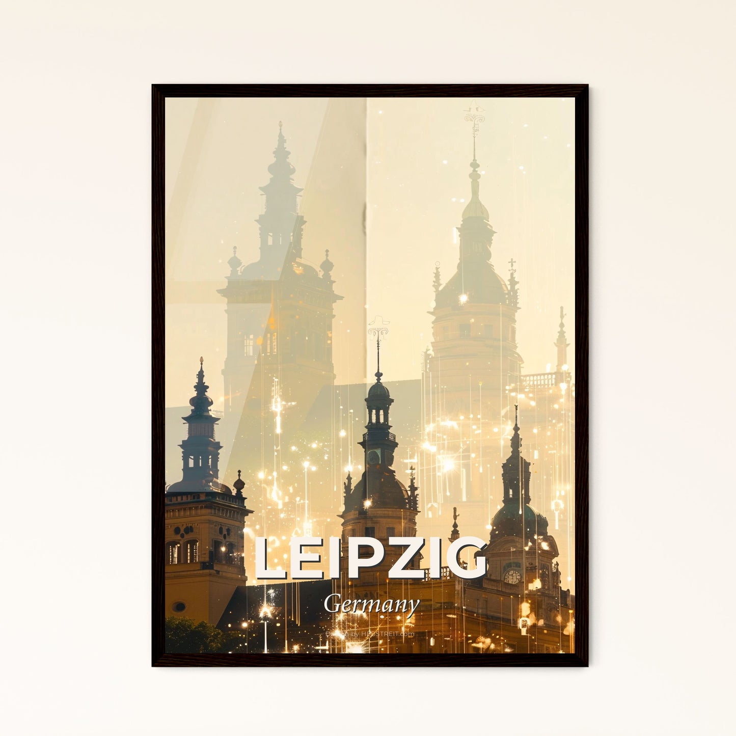 Leipzig City Lightscape Silhouette Poster Art - A building with towers and lights