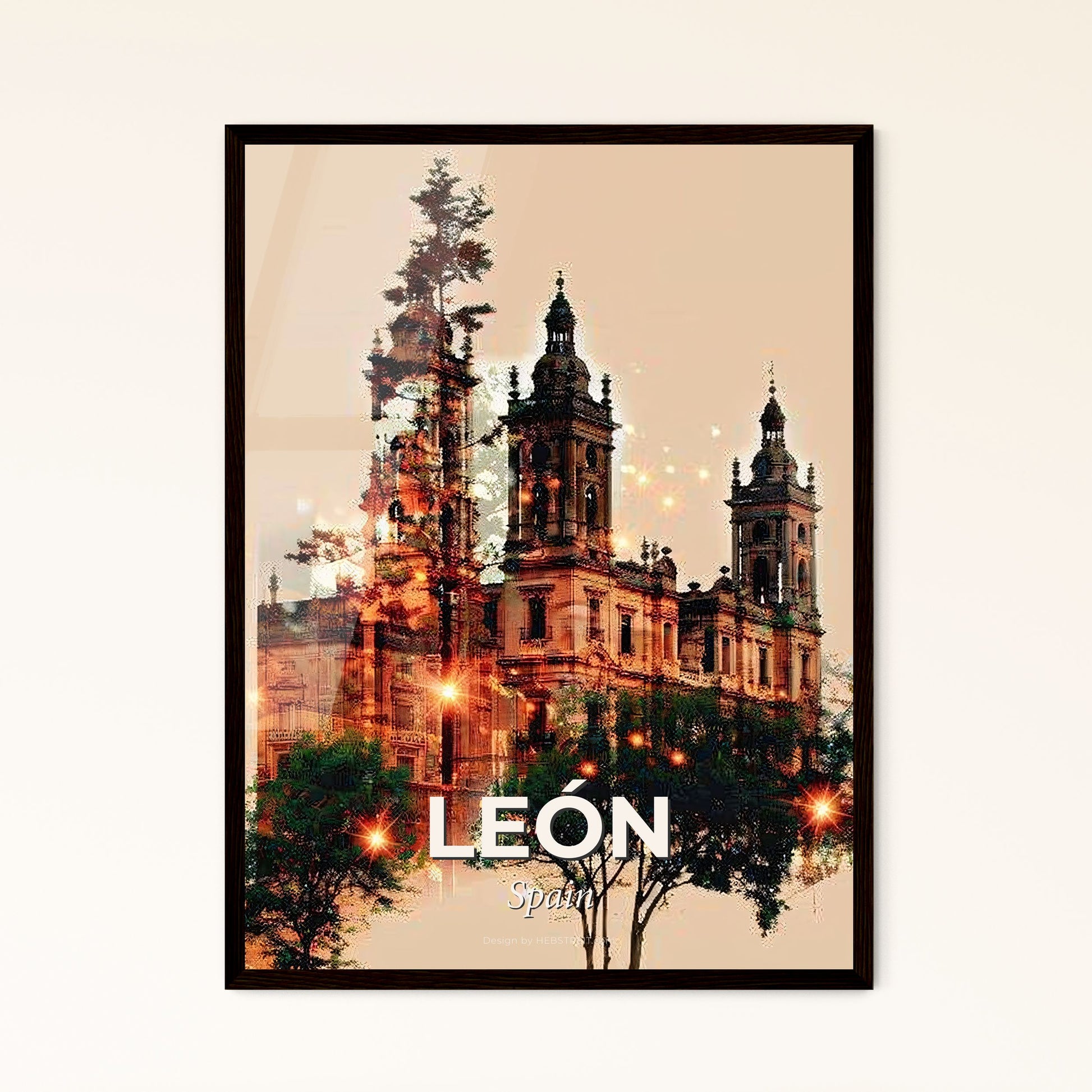 Leon City Skyline Poster Art Design Beige Background - A building with towers and trees