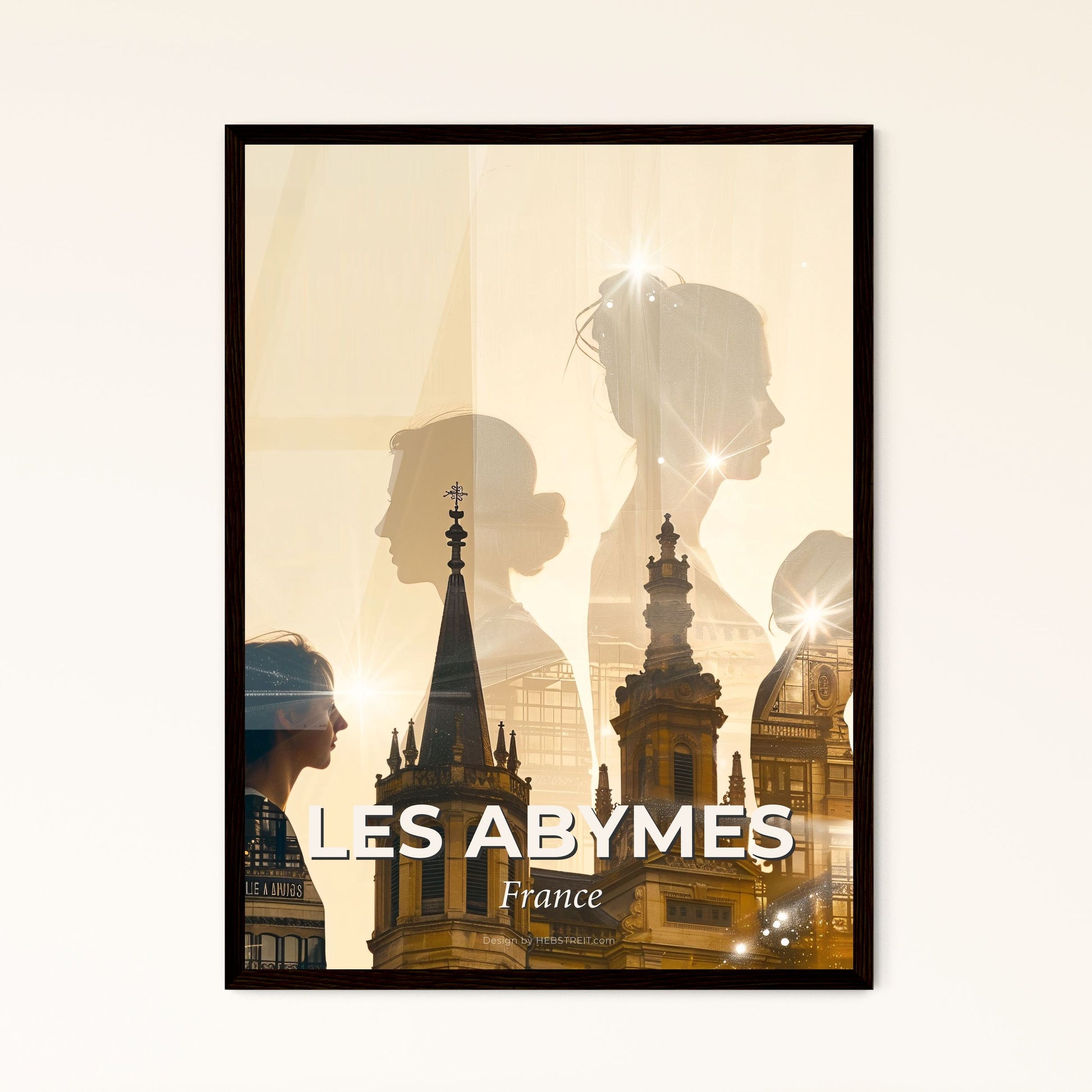 Les Abymes City Skyline Glowing Silhouettes Poster - A woman standing in front of a building