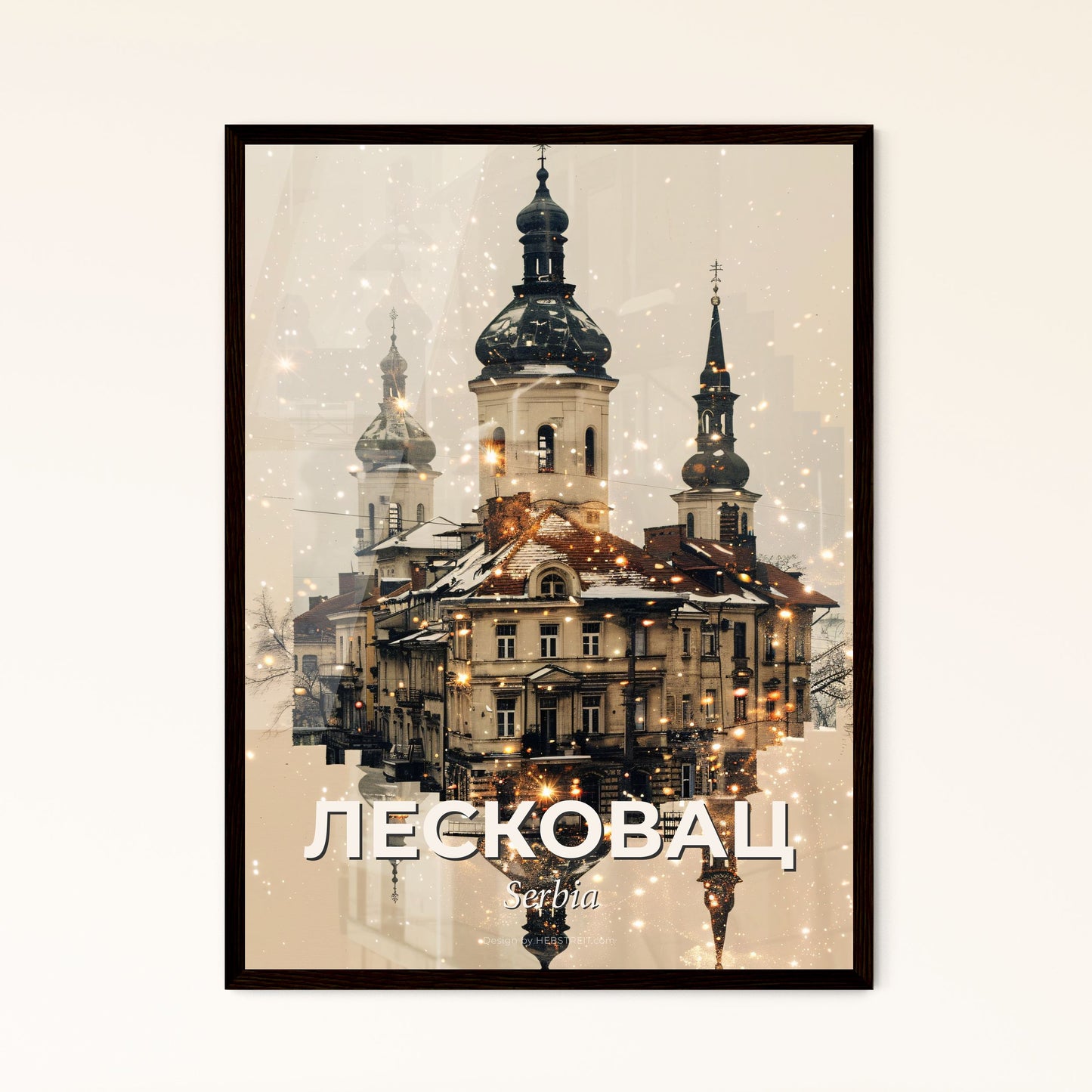 Leskovac City Skyline Double Exposure Poster Art - A building with a tower and a tower