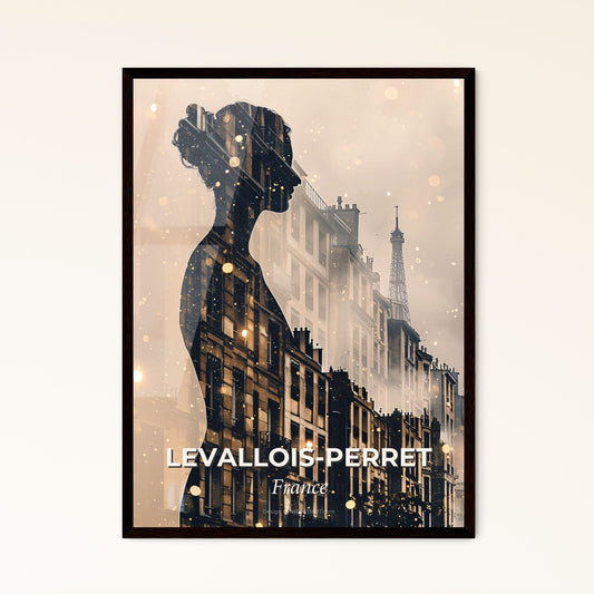 Levallois-Perret: Skyline Sparkles on Beige - A silhouette of a woman and a building