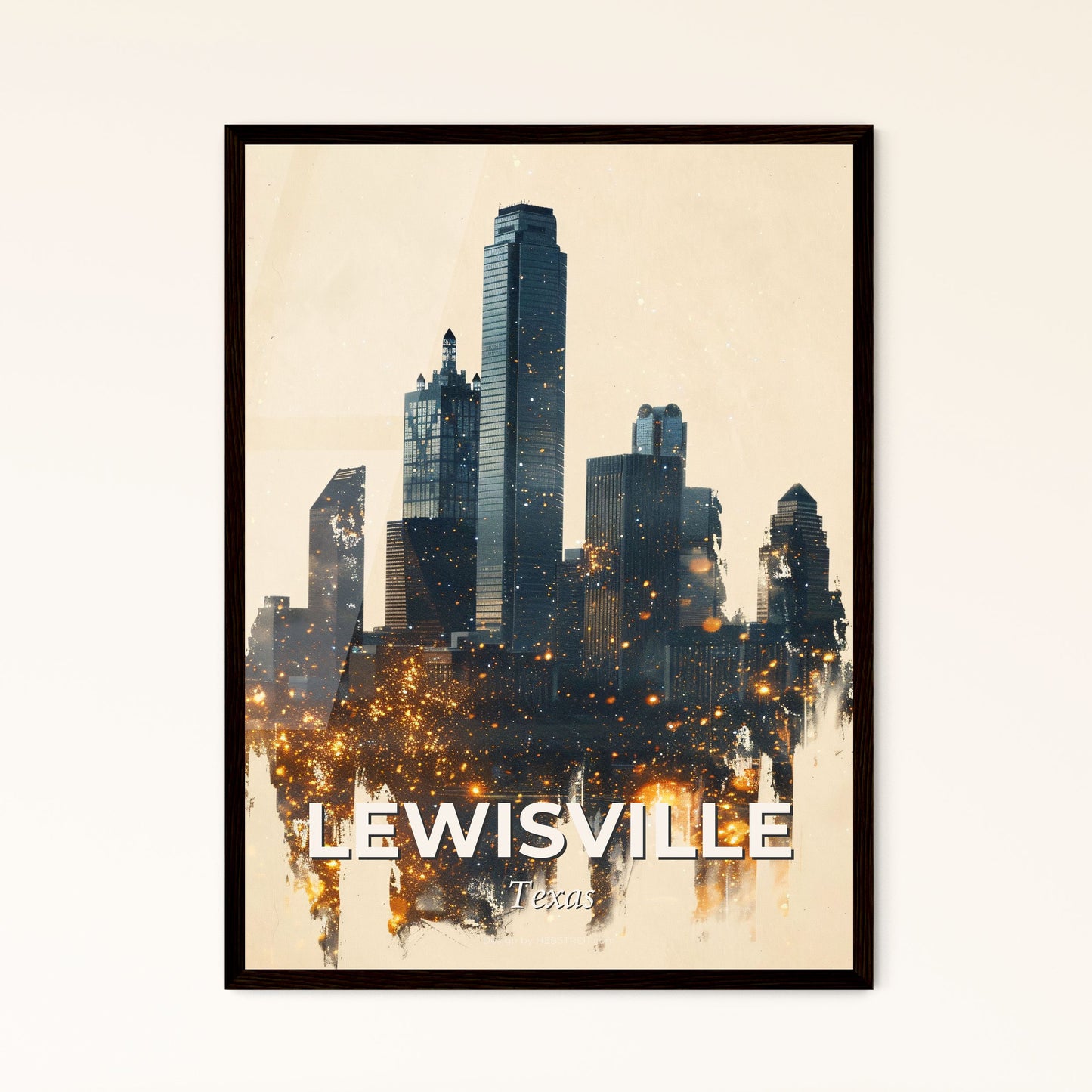 Lewisville Skyline Mosaic of Icons in Local Hues - A city skyline with many tall buildings