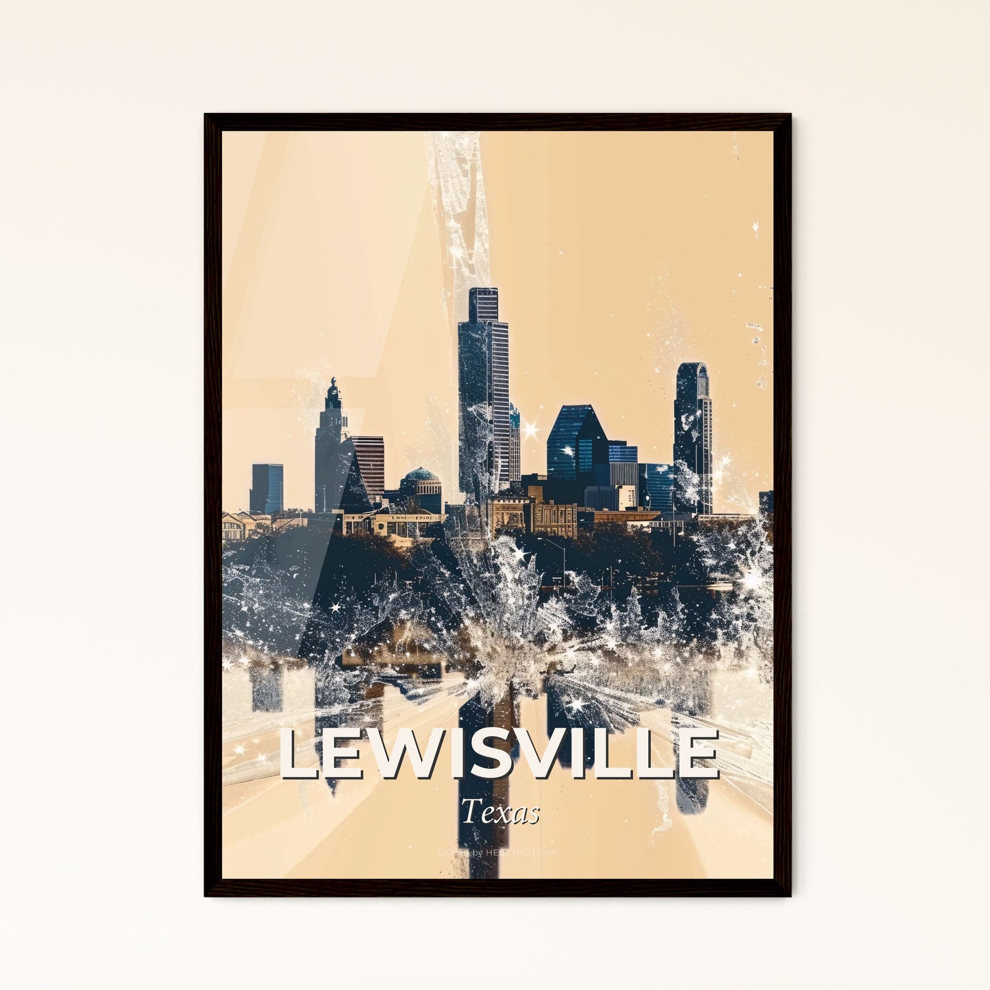 Lewisville | Lights, Icons, Beige, Sparkle - A city skyline with water splashing