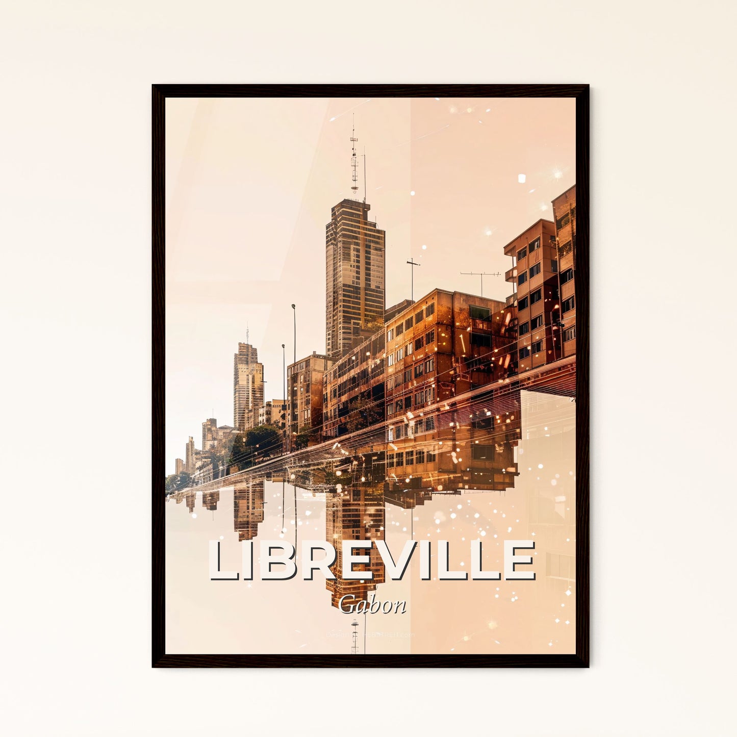 Libreville Iconic Skyline Art Bright Beige - A city with many buildings reflected in water