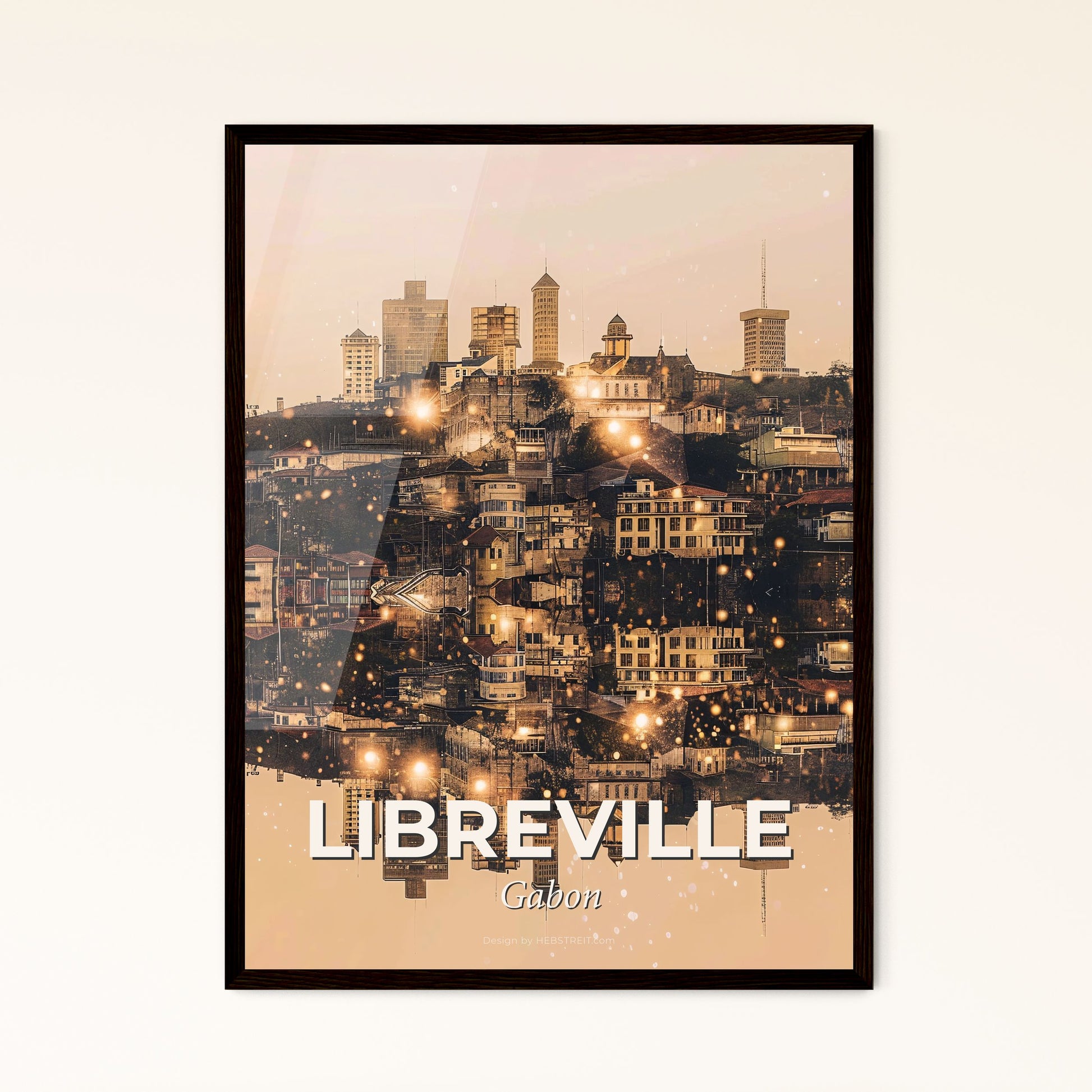 Libreville Skyline Iconic Architecture Poster Design - A city on a hill with lights reflecting in water