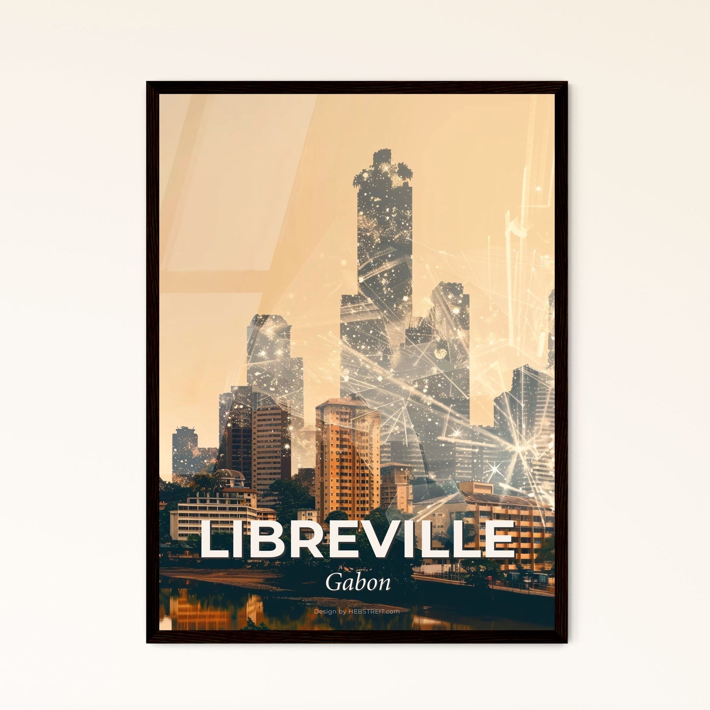 Libreville Skyline Composite Art Poster, Bright Beige - A city skyline with many buildings and lights