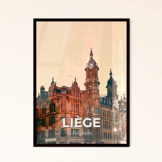 Liège Double Exposure Skyline Poster Art - A building with a tower and spires