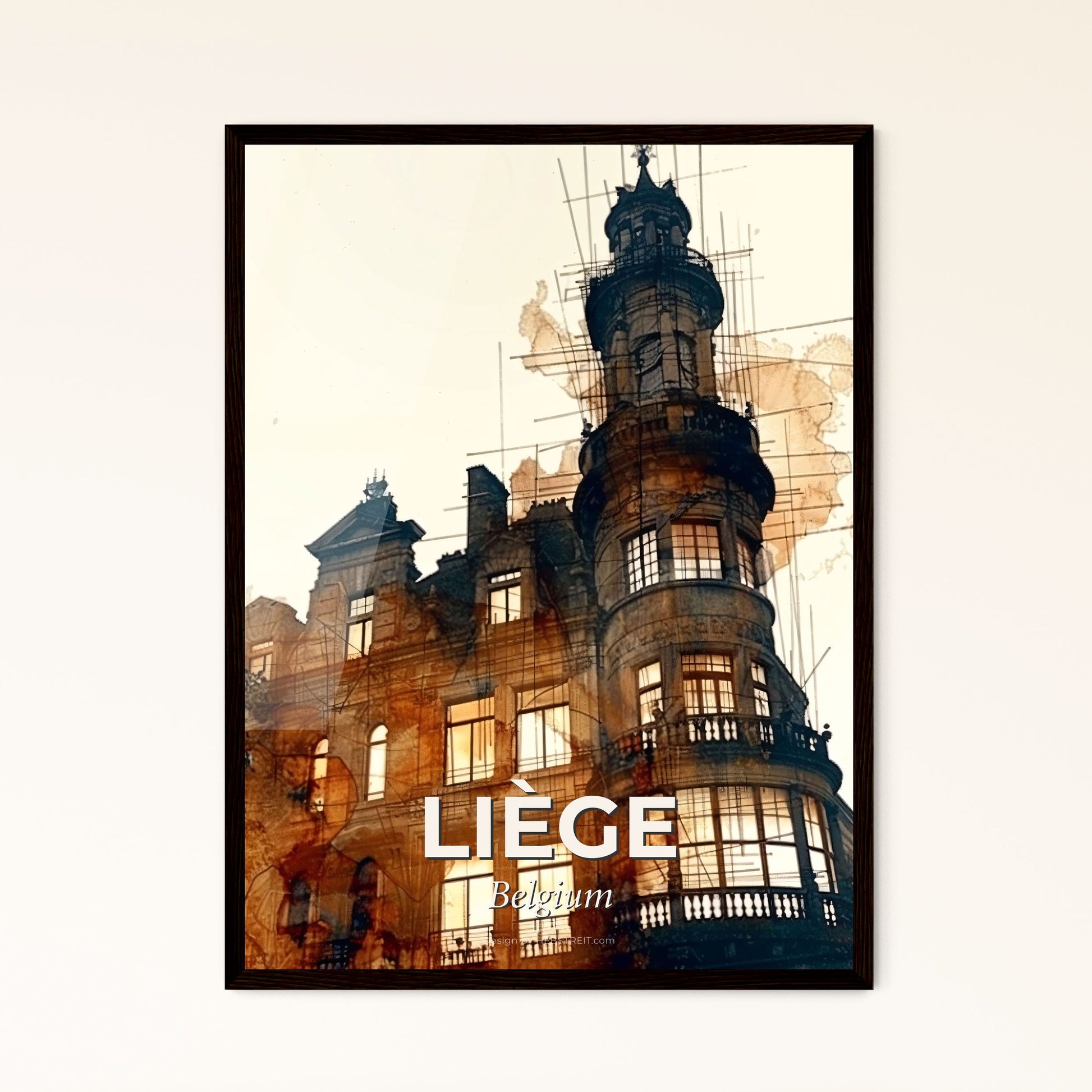 LiÃ¨ge Skyline Double Exposure Composite Art Poster - A building with a tower