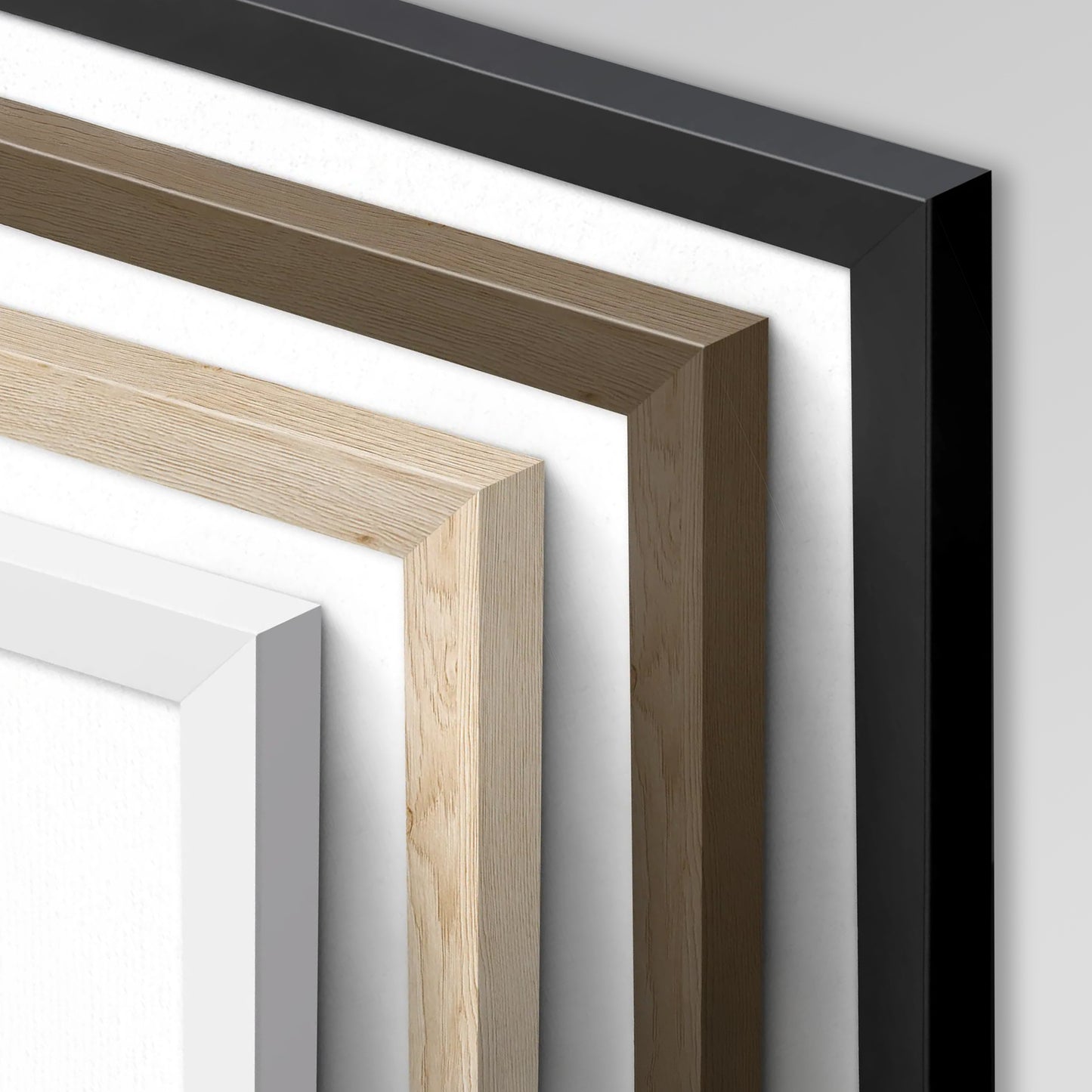 Collection of different colored picture frames on a white background