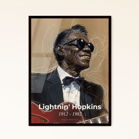 Expressive Portrait of Lightnin' Hopkins: Contemporary Blues Art - A Soulful Tribute on Beige Paper, Perfect for Home Decor