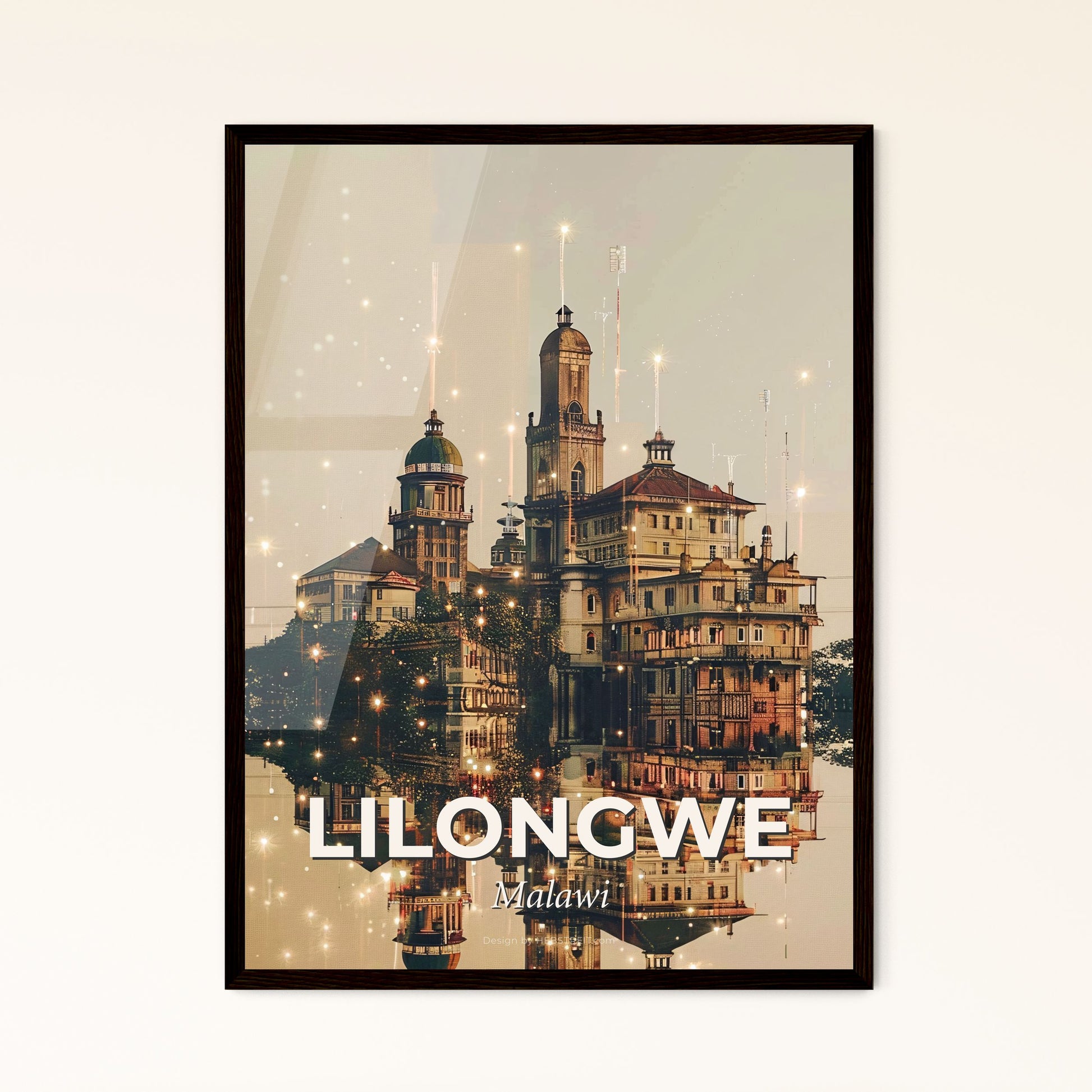 Lilongwe Skyline Double Exposure Art Poster - A building reflected in water