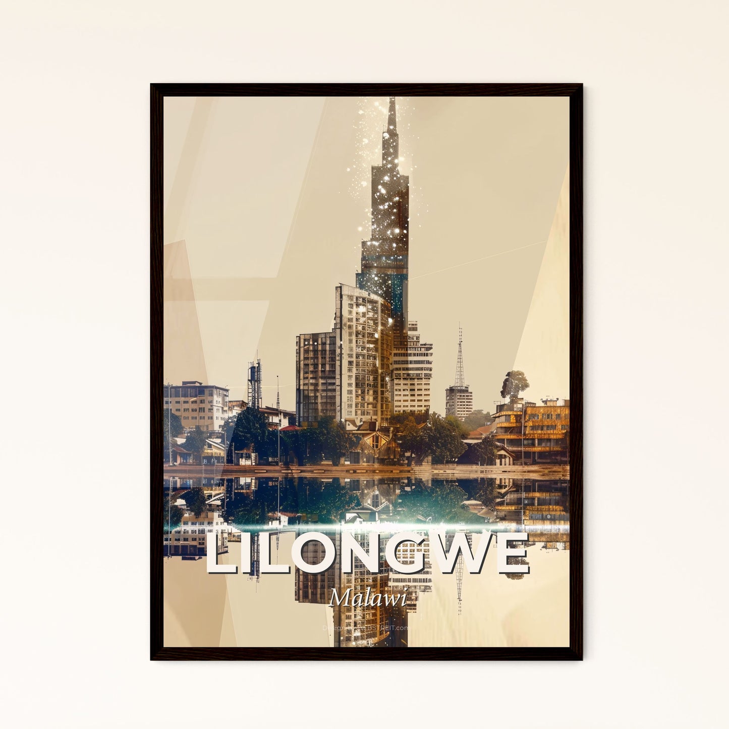 Lilongwe Skyline Double Exposure Art Print - A city with a tall building reflected in water