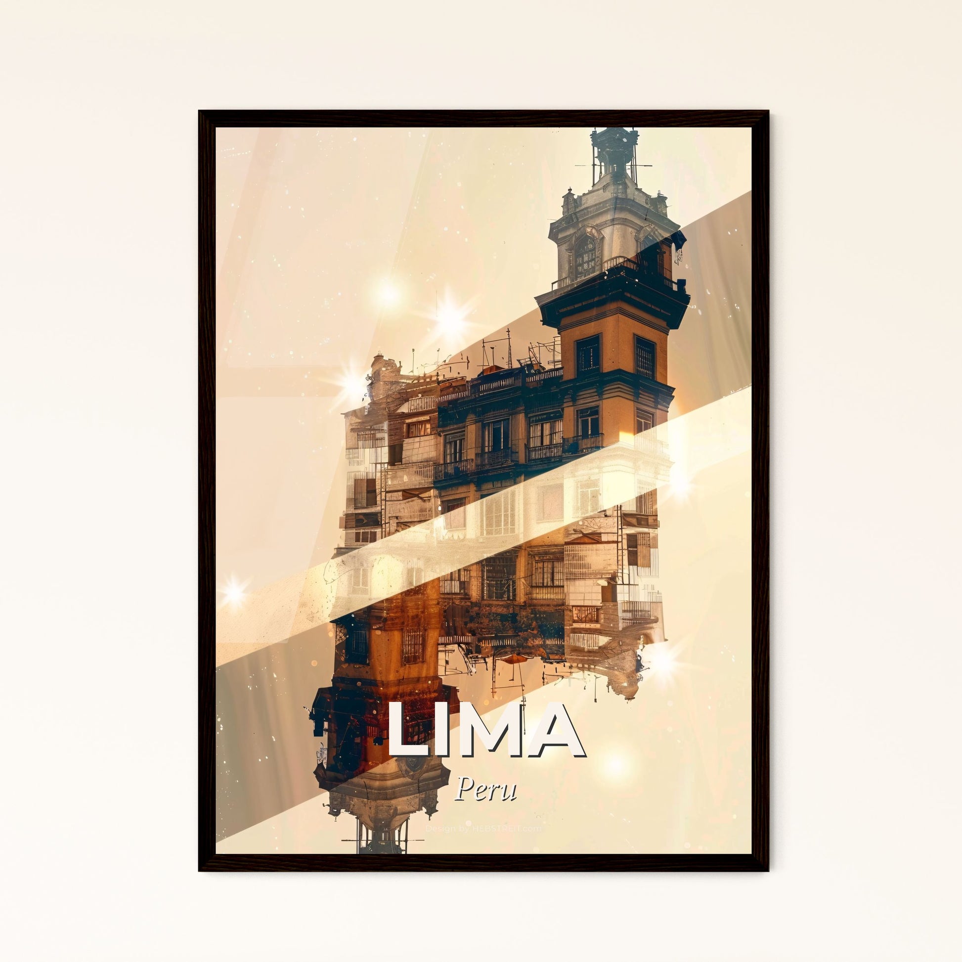 Lima Skyline Double Exposure Art Poster - A building with a tower