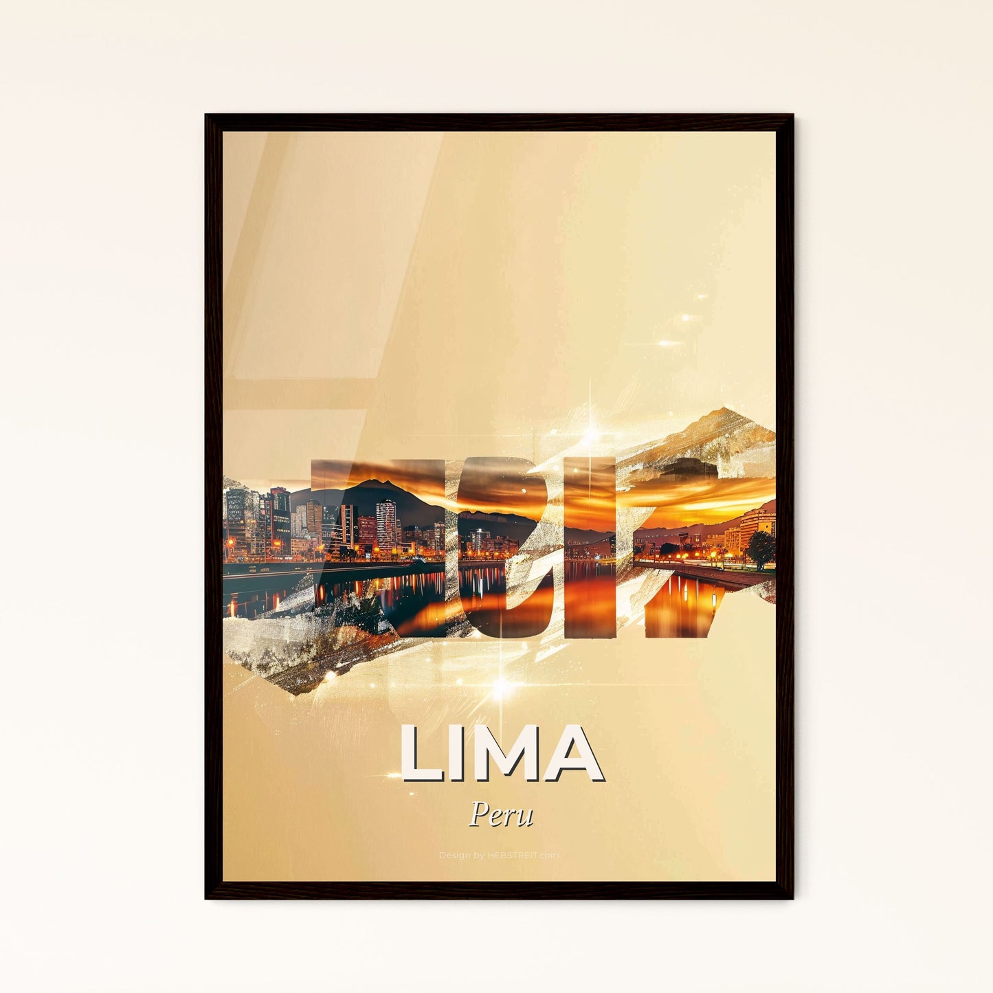 Lima Skyline Double Exposure City Icons - A cityscape with lights and a river